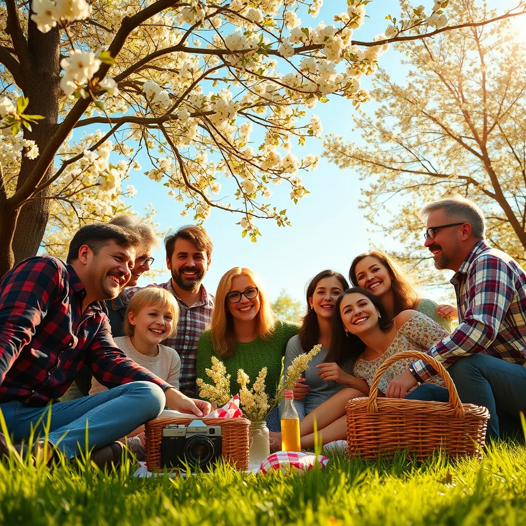 Create a photorealistic header image showcasing a vibrant family gathering in a sunny park. The composition features a diverse group of family members interacting joyfully, framed by blossoming trees and a bright blue sky. The lighting is warm, with golden sunlight filtering through the leaves, creating a cheerful and inviting atmosphere. Use a rich color palette dominated by greens and earthy tones, with pops of color from clothing and flowers to evoke happiness and nostalgia. Capture the scene from a slightly elevated angle to provide depth, focusing on facial expressions that convey joy and connection. The texture of the grass and the bark of the trees should be highly detailed, emphasizing the realism. Incorporate elements like a picnic setup with a basket and a vintage camera nearby, hinting at storytelling. The style should be hyperrealistic, with an 8K resolution to emphasize fine details and emotions., ultra high resolution, photorealistic, 8K, hyperdetailed, cinematic lighting