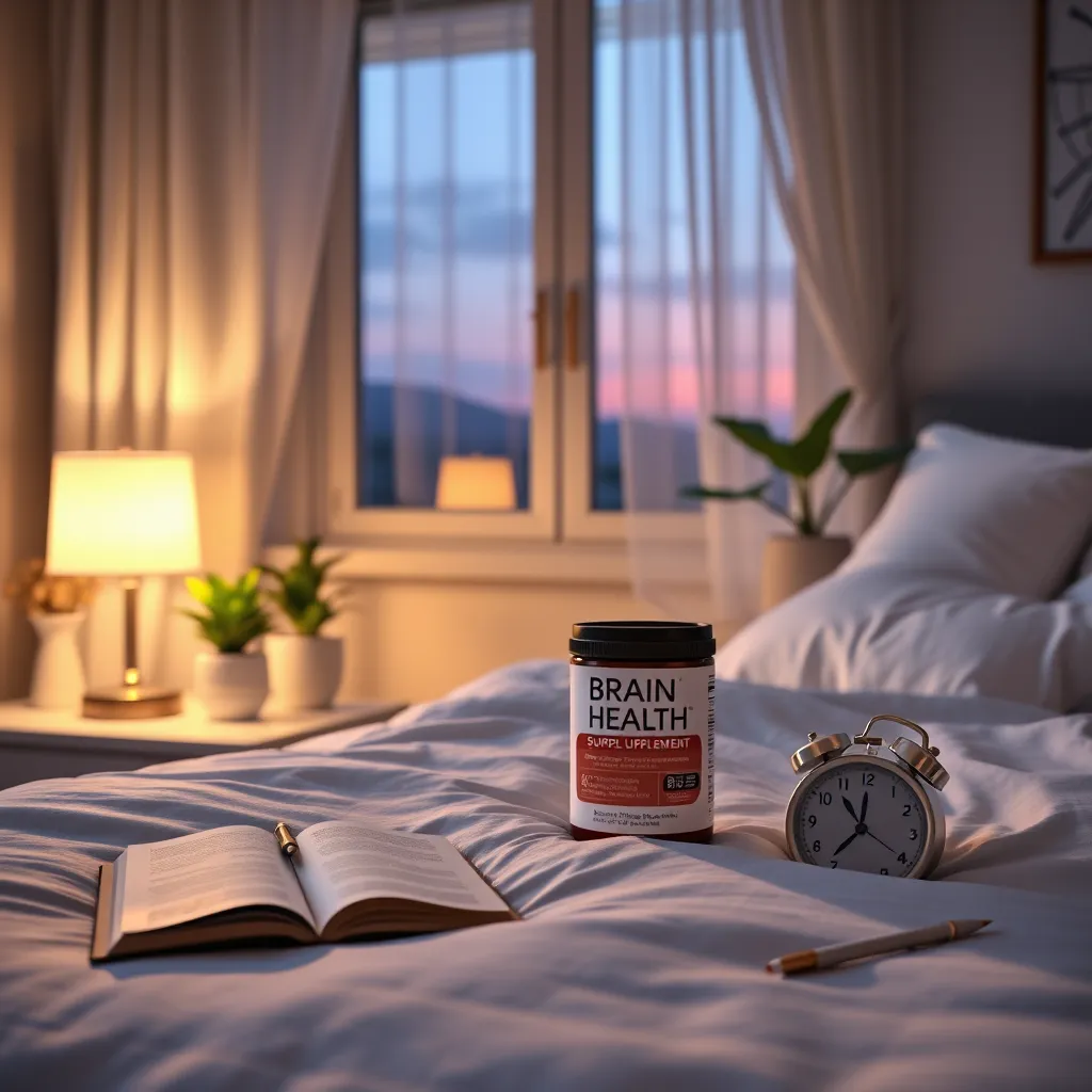 Create a photorealistic header image showcasing a tranquil bedroom at dusk, highlighting a beautifully arranged bedside table featuring the Brand New Brain Health Supplement bottle. The room should be softly lit with a warm, inviting glow from a bedside lamp, casting delicate shadows that enhance the cozy atmosphere. Use a calming color palette of soft blues, gentle purples, and warm whites, evoking feelings of serenity and comfort. The camera angle should be slightly elevated, giving a perspective that captures both the supplement and the inviting bed in the background, with plush textures visible in the bedding. Include an open window with sheer curtains, allowing a natural breeze, and gentle green plants in pots to emphasize a connection to nature. Add subtle touches like a journal with a pen, indicating a space for memory improvement, alongside a peaceful clock showing a time close to bedtime. Aim for an ultra-high-quality image in 8K resolution, hyperrealistic style, to create an engaging and inviting visual atmosphere., ultra high resolution, photorealistic, 8K, hyperdetailed, cinematic lighting