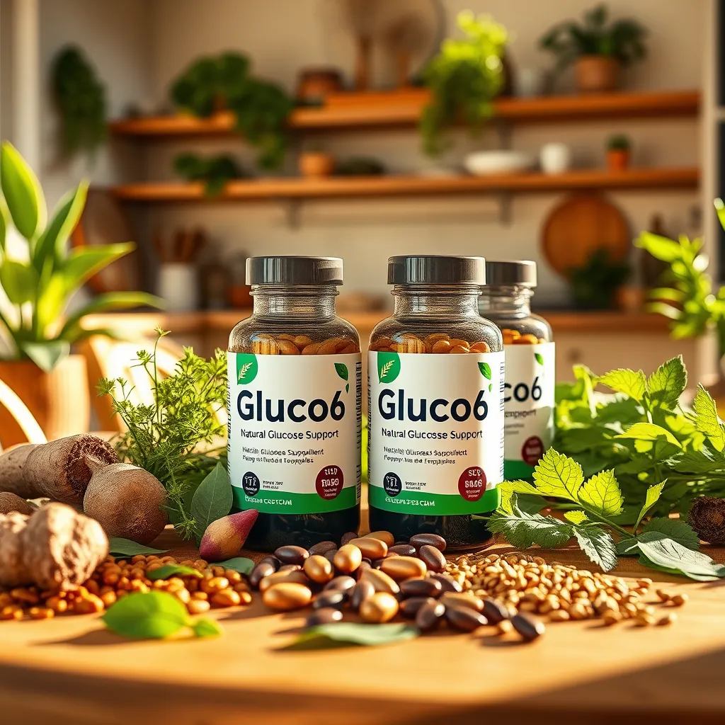 Create a photorealistic header image showcasing a vibrant table setting with bottles of Gluco6 Natural Glucose Support capsules prominently displayed in the center. Surround the bottles with an array of the six plant-based ingredients used in the supplement, such as green leaves, roots, and seeds, arranged in an aesthetically pleasing manner. The lighting should be warm and inviting, casting soft shadows to enhance the rich colors of the ingredients. Use a color palette of greens, earthy browns, and pops of natural colors to reflect health and vitality. The camera angle should be slightly elevated, focusing on the capsules and ingredients, creating depth in the composition. Textures should be rich, with glossy capsule surfaces and rough natural elements to highlight the organic nature of the product. Set the scene against a blurred backdrop of a sunny kitchen, complete with wooden accents and plants, evoking a sense of wellness and natural living. Style references should include modern wellness aesthetics. Technical specifications: 8K resolution, hyperrealistic., ultra high resolution, photorealistic, 8K, hyperdetailed, cinematic lighting