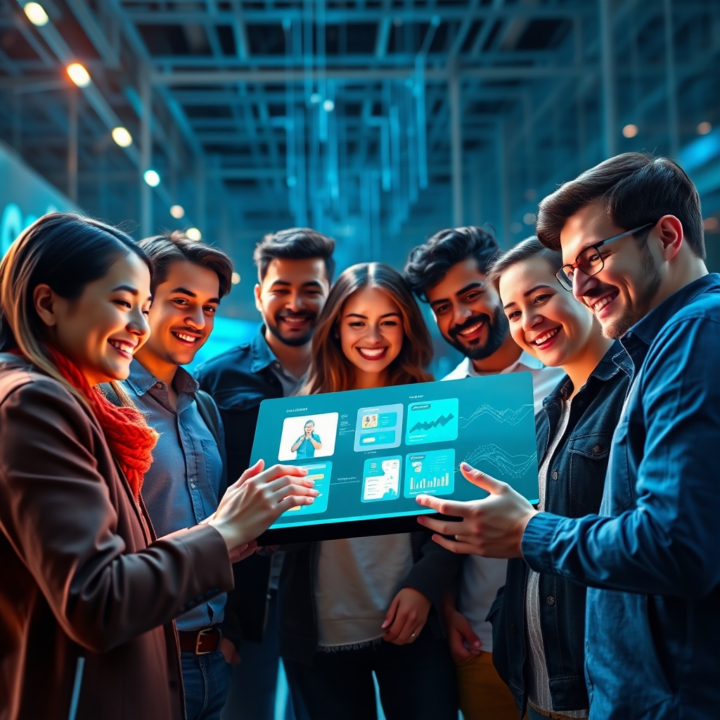 Create a photorealistic header image that embodies the essence of innovation and technology in the AI app development space. The composition should feature a diverse group of individuals, including young entrepreneurs and tech enthusiasts, gathered around a digital interface displaying vibrant AI app designs. The lighting should be bright and well-balanced, suggesting a lively, optimistic atmosphere. Utilize a color palette of blues and greens for a tech-inspired feel, contrasting with warm accents to represent creativity and excitement. The camera angle should be slightly elevated, providing a dynamic perspective that captures both expressions of concentration and joy on the faces of the individuals. Textures should include sleek, modern materials such as glass and polished metal, enhancing the feel of advanced technology. In the background, include subtle elements like circuit patterns and digital displays, reinforcing the theme of AI. The image should be hyperrealistic and of 8K resolution to ensure every detail is crisp and engaging. Style references should include modern tech ads and aspirational startup imagery., ultra high resolution, photorealistic, 8K, hyperdetailed, cinematic lighting