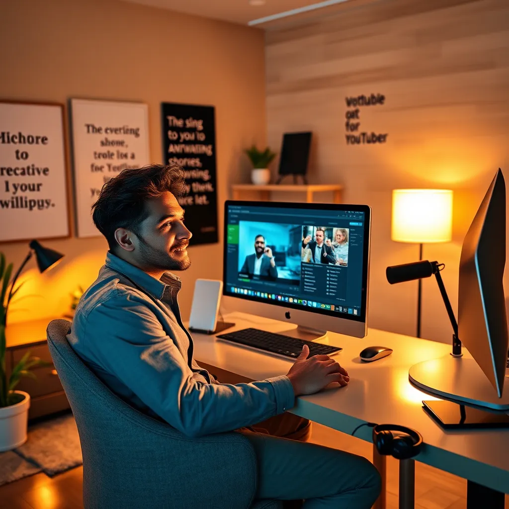 Create a photorealistic header image that captures the essence of hassle-free livestreaming with LiveCaster. The foreground should feature a confident, professional individual sitting in a modern, well-lit home office, engaging with a computer screen displaying the LiveCaster interface. Use warm, inviting lighting to evoke a sense of comfort and creativity, with soft shadows that add depth. The color palette should incorporate shades of blue and green, symbolizing technology and freshness, contrasted with warm wood tones in the office setting. The camera angle should be slightly elevated, providing a three-quarter view of the workspace to highlight the sleek design of the computer and the user’s expression. Include textural details such as a polished desk, a plush chair, and a wall adorned with motivational quotes. Environmental elements should feature a potted plant and minimalistic decor to create a professional yet inviting atmosphere. Relevant props might include a microphone and headphones nearby, indicating readiness for high-quality streaming. Style references should draw inspiration from modern tech blogs and YouTube studios. Aim for an ultra-high quality image with 8K resolution and hyperrealistic details., ultra high resolution, photorealistic, 8K, hyperdetailed, cinematic lighting