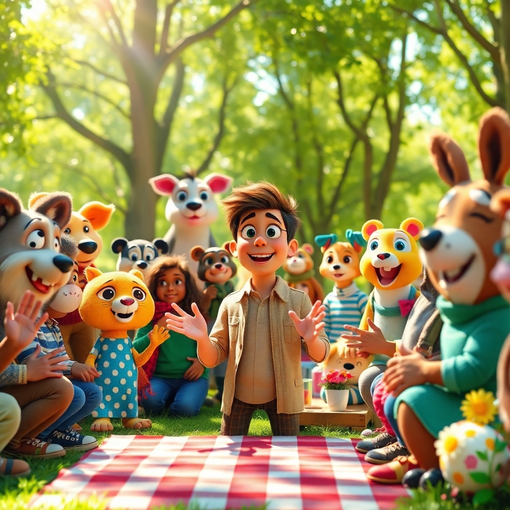 Create a photorealistic header image that showcases a vibrant scene of diverse characters coming to life from static photos. Center the image with a full-body human character animatedly speaking to an audience made up of animals and cartoon figures, all with expressive facial features and lively hand movements. The setting is a bright, sunny park, with dappled sunlight filtering through the trees, creating a cheerful atmosphere. Use a warm color palette of greens, blues, and yellows to evoke joy and creativity. The camera angle should be slightly low, giving a dynamic perspective that emphasizes the characters' engagement with the viewer. Pay special attention to the texture of the characters' clothing, featuring intricate fabric details, and ensure the environment is rich with elements like blooming flowers, picnic setups, and playful scenery. Style references include a blend of Pixar-like animation and hyperrealistic imagery. Technical specifications include 8K resolution, ensuring every detail is vividly captured., ultra high resolution, photorealistic, 8K, hyperdetailed, cinematic lighting