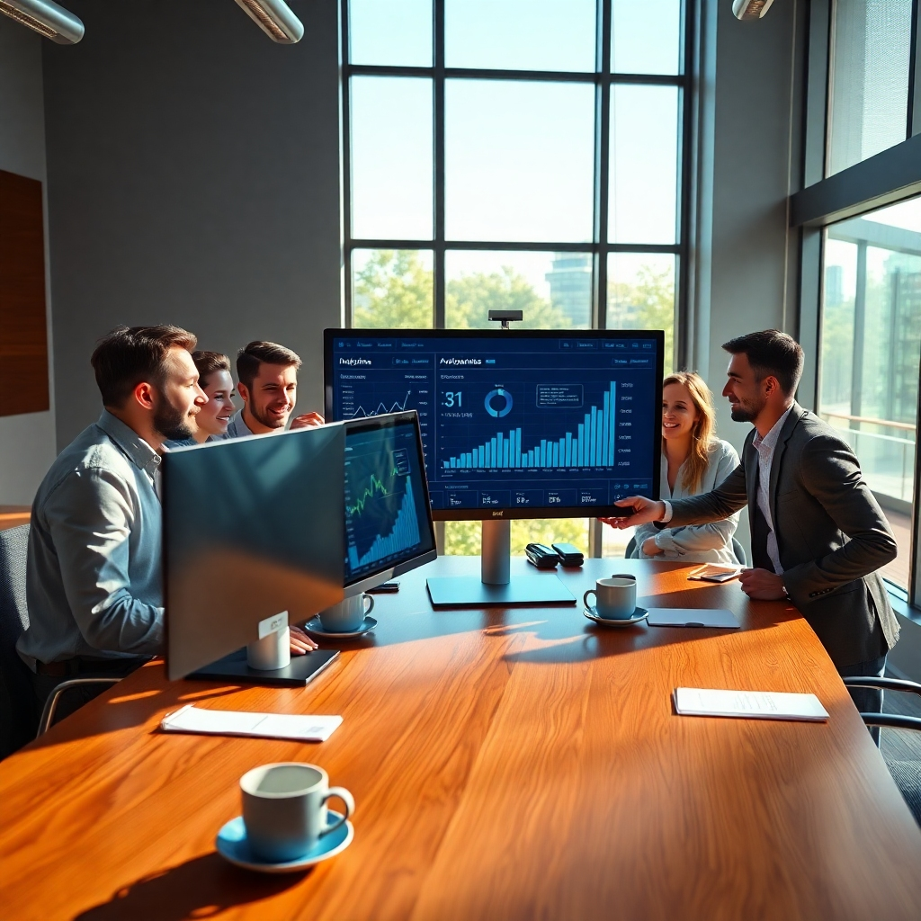 Create a photorealistic image of a modern office space with a sleek workstation featuring multiple screens displaying AI analytics and sales data. The lighting is bright with natural sunlight streaming in through large windows, casting soft shadows on the polished wooden desk. A diverse group of young professionals, both men and women, are engaged in discussion, pointing at the screens with enthusiastic expressions. The color palette should consist of calming blues and greens, conveying a sense of innovation and growth. Ensure the composition captures the dynamic interaction among the team members, with an emphasis on their smiling faces. Props like coffee mugs and notepads are scattered on the desk. Style the image in ultra-detailed, 8K resolution, hyperrealistic quality to emphasize the modernity and efficiency of AI in the business environment.