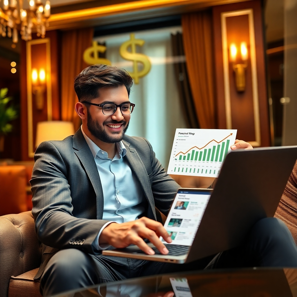 Create a photorealistic image showing a successful entrepreneur reviewing financial reports on a laptop, proudly displaying their earnings from online courses. The setting should have a luxurious yet comfortable ambiance, with upscale decor and soft lighting. Incorporate elements such as dollar signs or graphs indicating growth in the background. The color palette should include rich browns and greens, conveying prosperity. The angle should be slightly tilted to capture both the laptop and the entrepreneur's satisfied expression.
