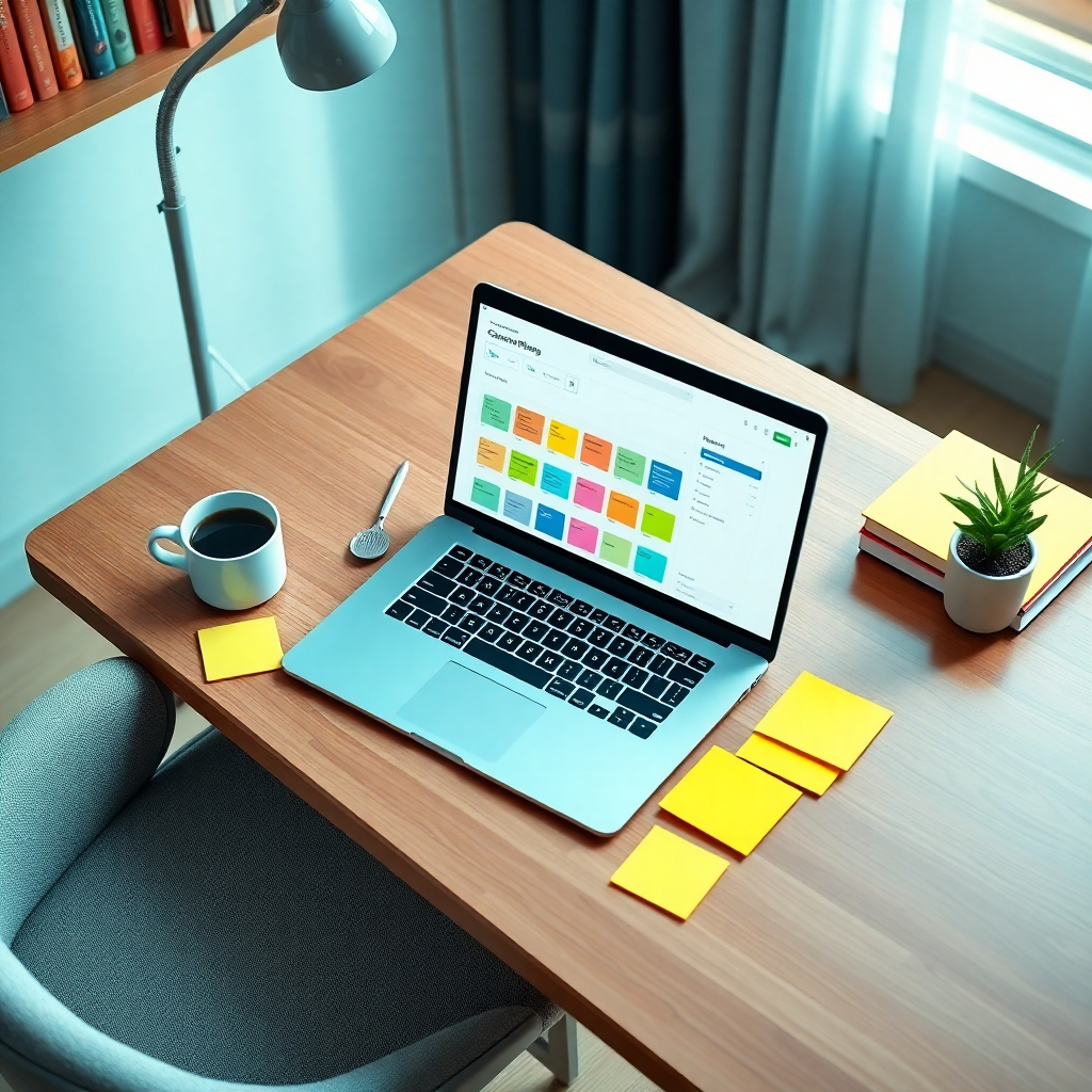 Create a photorealistic image of a well-organized workspace featuring a sleek laptop opened to a course planning software interface, surrounded by colorful sticky notes and a cup of coffee. Use soft diffused lighting to create a warm, inviting ambiance. The color palette should feature soft blues and greens with a touch of yellow for vibrancy. The camera angle should be slightly elevated, giving a bird’s-eye view to capture the entire workspace. Textures should include a polished wooden desk and a cozy fabric chair. Include elements like books and a small potted plant for a touch of nature. The style should evoke a modern, professional atmosphere. Render in 8K resolution with hyperrealistic detail, focusing on clarity and depth.
