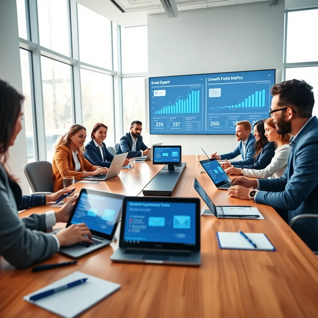 Create a photorealistic image of a diverse group of business professionals gathered around a sleek, modern conference table filled with laptops and tablets, showcasing the Email Expert AI app interface on the screens. The room is bright with soft diffused lighting streaming in through large windows, giving a vibrant feel. The color palette features calming blues and whites, symbolizing trust and innovation. The camera angle is slightly elevated, capturing the interaction among the team and their engagement with the technology. The table should have a polished wooden texture, and various props like notepads, pens, and coffee cups add to the business atmosphere. Background elements include a large digital display showing growth trends and email metrics, enhancing the theme of automation and progress. Style references include contemporary corporate photography. The image should be hyperrealistic and ultra-detailed, rendered in 8K resolution.