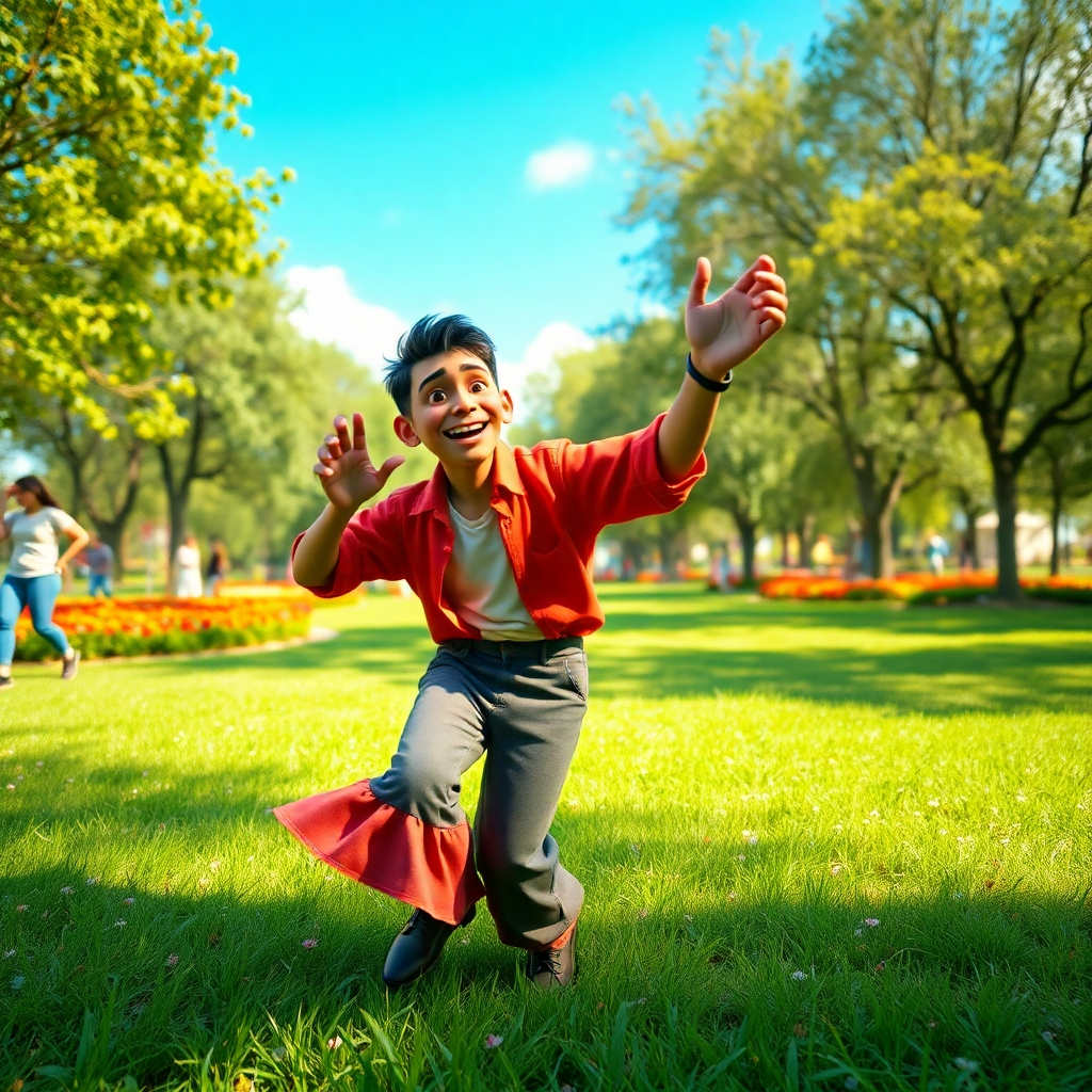 Create a photorealistic image of a human character in a lively park setting, engaged in a dynamic dance. The character has expressive facial features and animated hand gestures, showcasing a joyful and energetic vibe. The lighting is soft and diffused, simulating a warm midday sun that casts gentle shadows. Use a vibrant color palette with greens from the grass, blues from the sky, and bright colors in the character's clothing. Capture the scene from a low angle to emphasize the character's movements, with the park's colorful flowers and trees in the background. The texture of the character's clothing should be intricately detailed, providing a lifelike appearance. This image should be created in 8K resolution, hyperrealistic style, emphasizing the joy and lively interaction of the character with their surroundings.