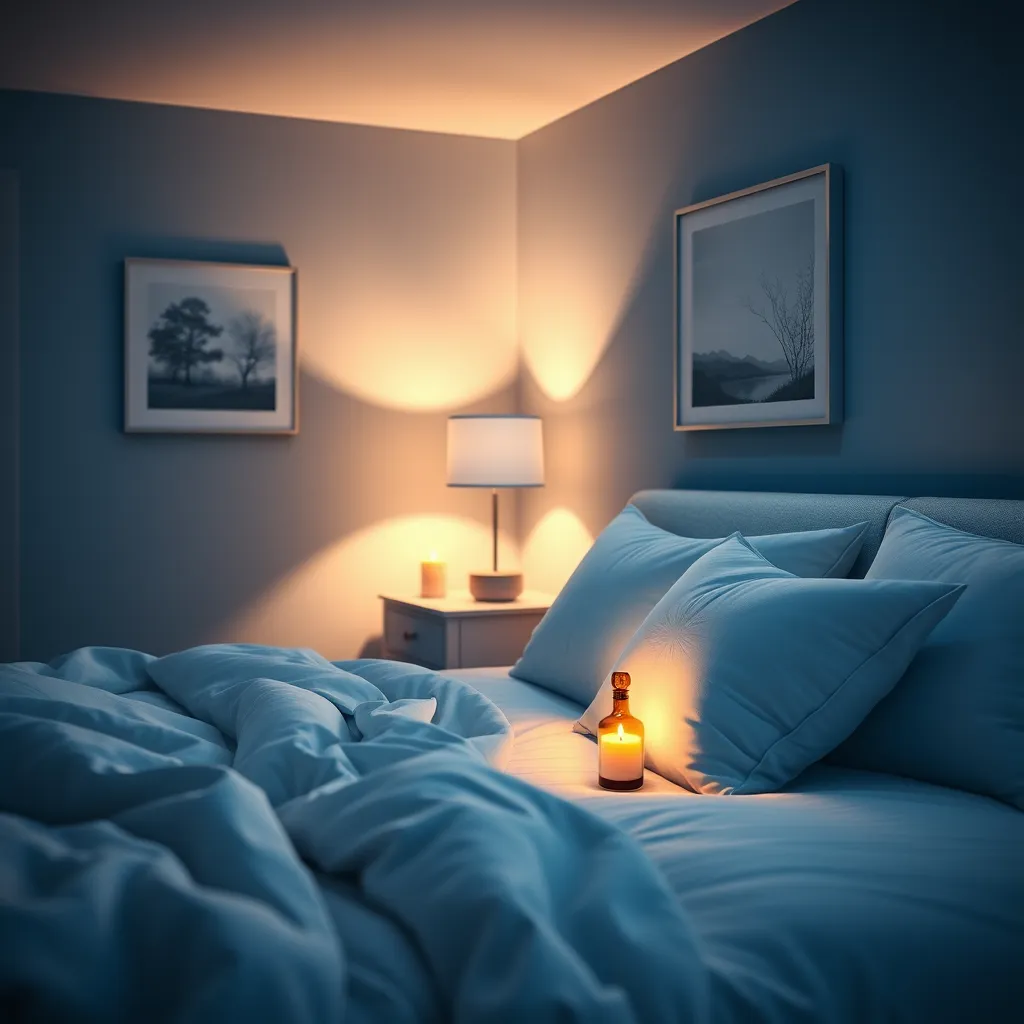 Create a photorealistic image of a cozy bedroom at night, featuring a calming blue and soft white color palette. A plush bed with fluffy pillows and a soft blanket invites relaxation, while a bedside table holds a glowing candle and a bottle of the restorative sleep formula. Soft diffused lighting emanates from a bedside lamp, casting gentle shadows. The room is adorned with calming nature-themed artwork on the walls. Capture the scene from a slightly elevated angle to showcase the tranquil atmosphere, emphasizing the comfort of the space. Use an ultra-detailed, hyperrealistic style to evoke a sense of serenity and comfort. The image should be rendered in 8K resolution for stunning clarity.