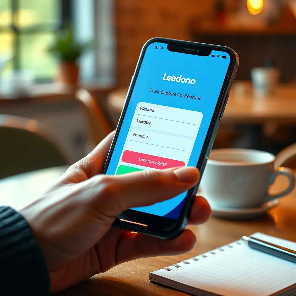 Create a photorealistic image depicting a sleek, modern smartphone displaying the Leadono app interface. The app should showcase a vibrant, interactive email capture form. Use soft diffused lighting to create a warm, inviting atmosphere. The color palette should feature soft blues and greens to convey trust and calmness. Capture the scene from a slightly elevated angle to show both the phone and a user's hand interacting with the screen. The device should have a glossy finish, with detailed reflections on its surface. Surround the phone with blurred elements of a cozy café setting, like a coffee cup and a notepad, hinting at a productive environment. Style references can include contemporary tech photography. Ensure the image is in 8K resolution and ultra-detailed, highlighting the textures of the smartphone and the surrounding environment.