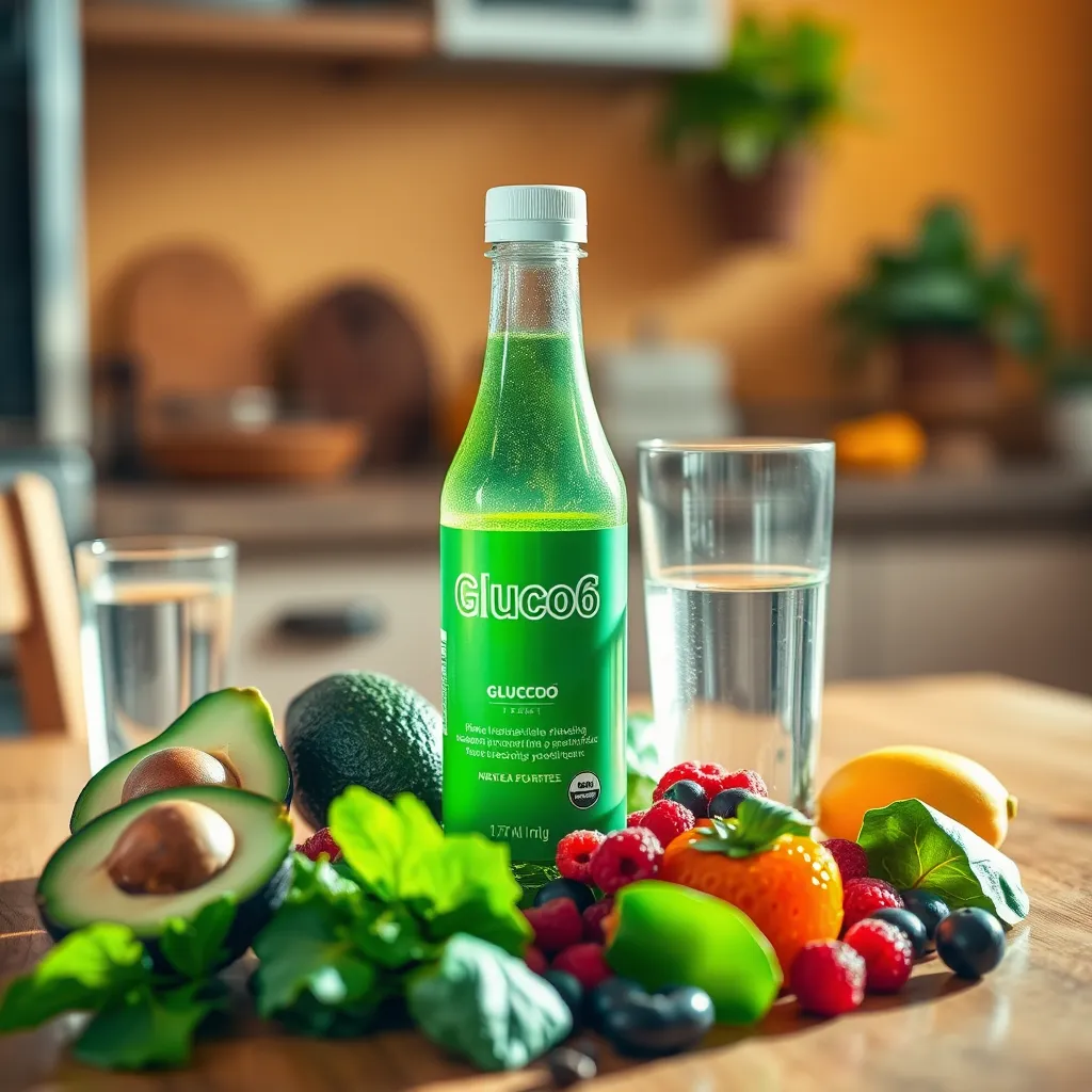 Create a photorealistic image featuring a serene kitchen setting with a wooden table. On the table, showcase a bottle of Gluco6 encapsulated in vibrant green and earthy tones, surrounded by fresh fruits and vegetables like avocados, berries, and leafy greens, symbolizing natural health. Soft diffused lighting enhances the beauty of the ingredients, casting gentle shadows. A clear glass of water beside the bottle reflects sunlight. The backdrop features warm colors, evoking comfort and health. The camera angle should be slightly elevated to capture the arrangement intimately. Aim for ultra-high quality, 8K resolution with hyperrealistic details, focusing on textures of the fruits and the sleek design of the Gluco6 bottle.
