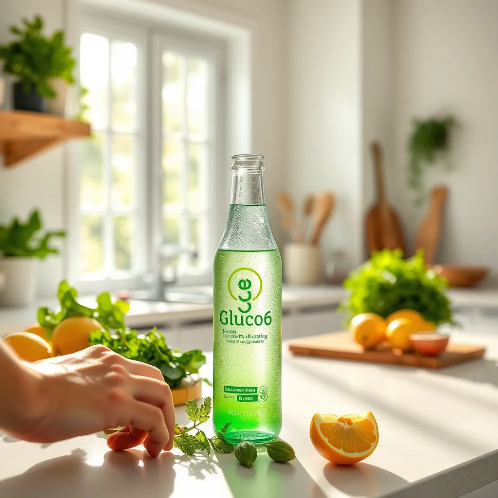 Create a photorealistic image showcasing a serene kitchen setting where a person is preparing a healthy beverage using Gluco6. The scene should feature a bright, sunlit area with soft diffused lighting streaming through a window, highlighting fresh ingredients like green herbs and fruits. Include a clear glass bottle with Gluco6 on the counter, surrounded by natural elements like wooden cutting boards and whole ingredients to evoke a fresh, organic feel. The color palette should be vibrant yet soothing with greens, yellows, and whites, emphasizing health and wellness. Capture the angle from slightly above the countertop, focusing on the person’s hands as they mix the drink, creating a sense of action. The texture of the natural materials should be contrasted with the sleek, modern design of the product packaging. This image should convey a mood of freshness and natural living, in an ultra-detailed 8K resolution, hyperrealistic style.