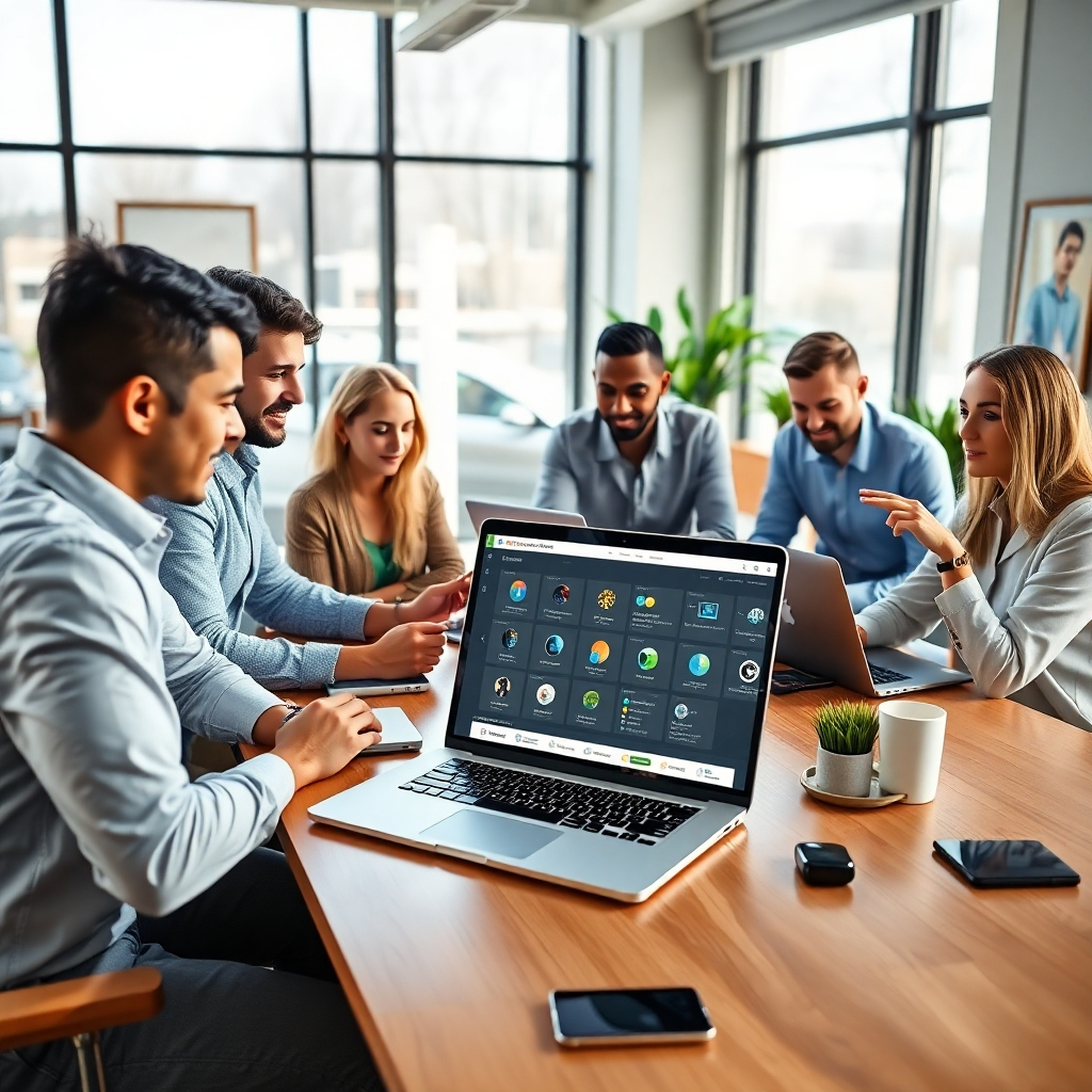 Create a photorealistic image of a diverse group of entrepreneurs in a modern tech workspace, collaborating on laptops and digital devices. The foreground features a sleek desktop with an open laptop displaying the AIWhiteLabels platform interface, showcasing an array of customizable AI tools. The lighting is bright and inviting, with natural daylight streaming through large windows, highlighting the innovative atmosphere. The color palette should consist of fresh blues, greens, and whites to evoke a sense of trust and creativity. The camera angle is slightly elevated, providing a bird’s eye view that captures the energy of the team. Textures in the image should include polished wood surfaces on desks, metallic accessories, and soft fabrics on chairs to convey a professional yet cozy environment. Environmental elements include potted plants, modern artwork on the walls, and tech gadgets scattered tastefully. Style references should draw from contemporary corporate imagery with a clean, professional aesthetic. Technical specifications: 8K resolution, hyperrealistic detail., ultra high resolution, photorealistic, 8K, hyperdetailed, cinematic lighting