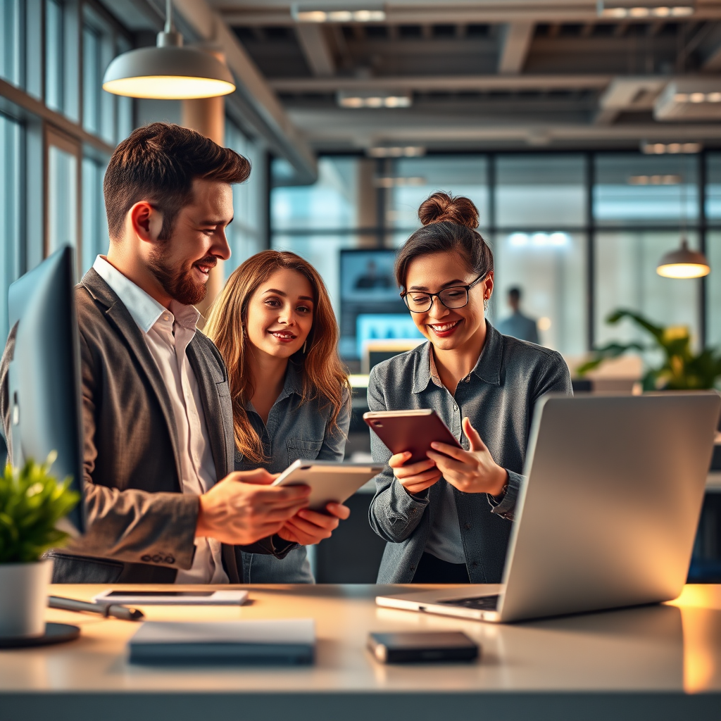 Create a photorealistic image showcasing the benefits of business automation. Feature a time-saving scenario where employees benefit from automated tasks with visible signs of relief and productivity. Use warm lighting to create a friendly atmosphere in a contemporary office design. Detailed textures on surfaces and technology should enhance the realism.