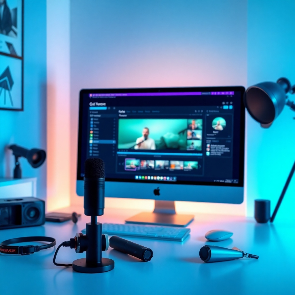 Create a photorealistic, ultra-high quality image representing ChannelBuilderAI. The scene should depict a modern digital workspace, featuring a glowing computer screen displaying video editing software. Soft, ambient lighting should illuminate the space, with a calming color palette of blues and greens. Include textures of sleek gadgets like a microphone and camera gear subtly placed around. The camera angle should be slightly above eye level, offering an inviting perspective. Style references could include clean tech aesthetics and minimalistic design. Ensure it is in 8K resolution, hyperrealistic quality to symbolize the innovative nature of ChannelBuilderAI, focusing on video creation and marketing.