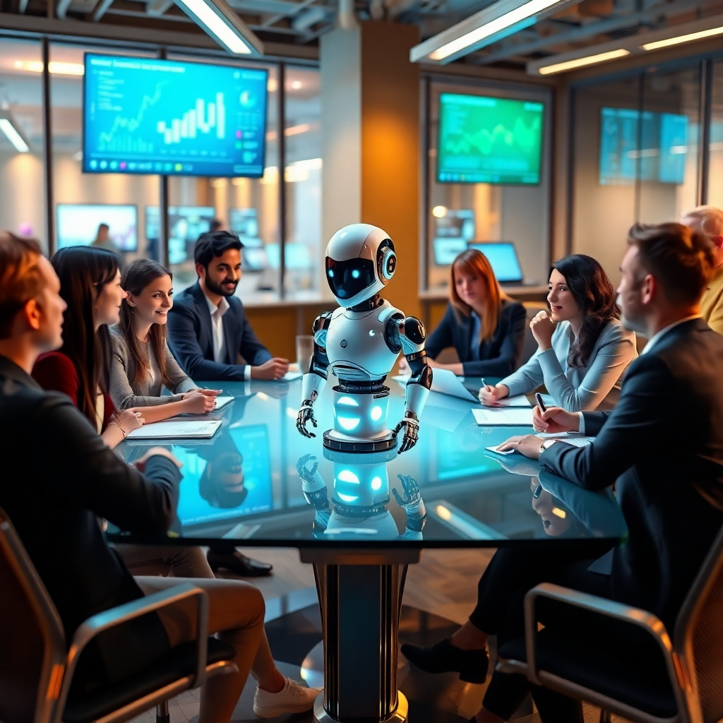 Create a photorealistic, ultra-high quality image showing a bustling modern office environment with various AI bots interacting with diverse teams of professionals. The composition should feature a central AI bot, resembling a sleek humanoid figure with soft glowing elements, on a polished glass table surrounded by engaged employees discussing ideas. Use warm, inviting lighting to highlight the collaboration and innovation, complemented by a color palette of soft blues, greens, and metallic silvers to evoke a sense of high-tech sophistication. The scene should be captured from a slightly elevated angle to give depth, focusing on the textures of sleek technology and the natural materials in the workspace. Incorporate elements like digital screens displaying analytics and productivity metrics in the background. Reference styles from Pixar's characters for a friendly yet cutting-edge aesthetic. Ensure the image is in 8K resolution for hyperrealistic detail, showcasing intricate reflections on surfaces and the vibrant expressions of the people involved., ultra high resolution, photorealistic, 8K, hyperdetailed, cinematic lighting