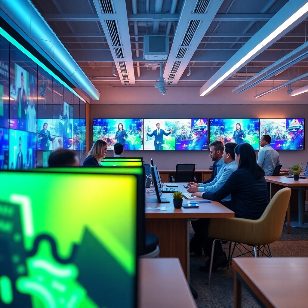 Create a photorealistic, ultra-high-quality header image depicting the Vidko AI Video Suite. The composition should feature a modern office environment with vibrant screens showing dynamic video content creation. Bright lighting highlights a diverse team of professionals collaborating, with a futuristic color palette of blues and greens. The camera angle is slightly elevated, capturing the creativity and energy of the workspace. Textures of sleek screens and wooden furniture add richness to the scene. Style references include contemporary business settings combined with tech advancements. The final image must be in 8K resolution and hyperrealistic to represent the essence of launching an AI video business.