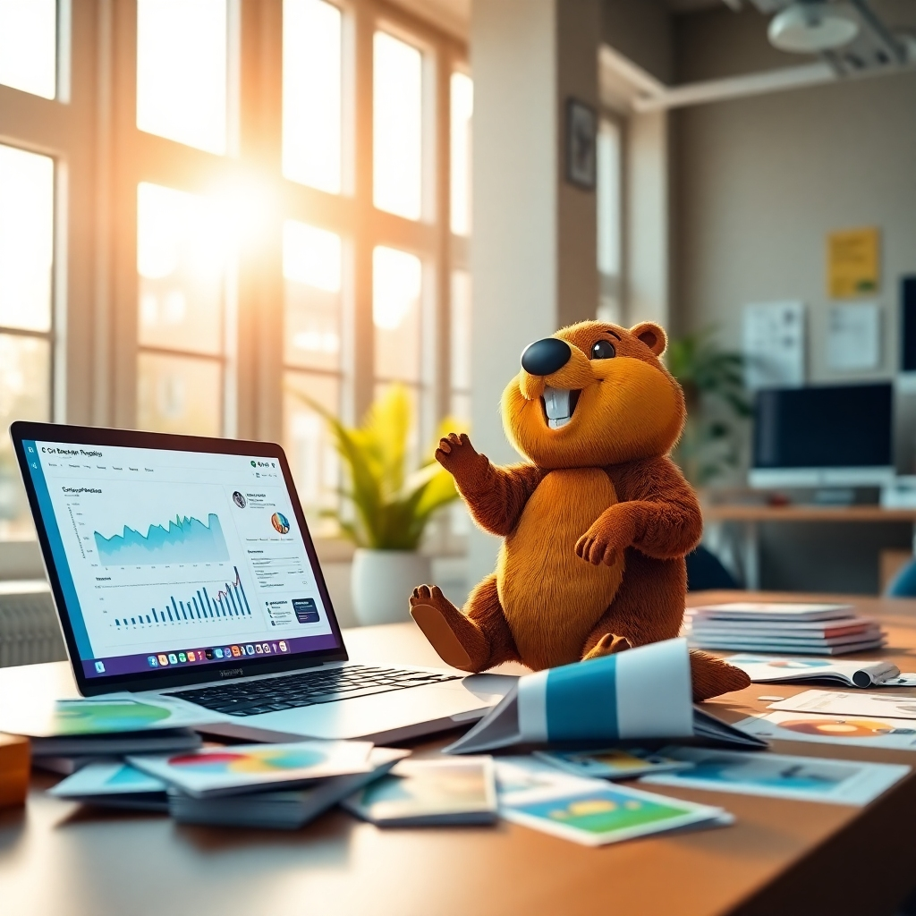 Create a photorealistic, ultra-high quality header image that captures the essence of the 'Go Beaver AI Suite'. The image should depict a dynamic workspace where the AI tool is in action, showcasing a sleek laptop with a vibrant interface displaying marketing analytics. The room is well-lit with natural sunlight pouring in through large windows, creating a cheerful mood. The color palette should include warm tones, with blues and greens representing technology and growth. A beaver mascot, representing Go Beaver, playfully interacts with marketing materials scattered around. This composition should be shot from a slightly elevated angle, capturing the whole environment and emphasizing productivity. The final image should be hyperrealistic with 8K resolution to ensure clarity and detail.