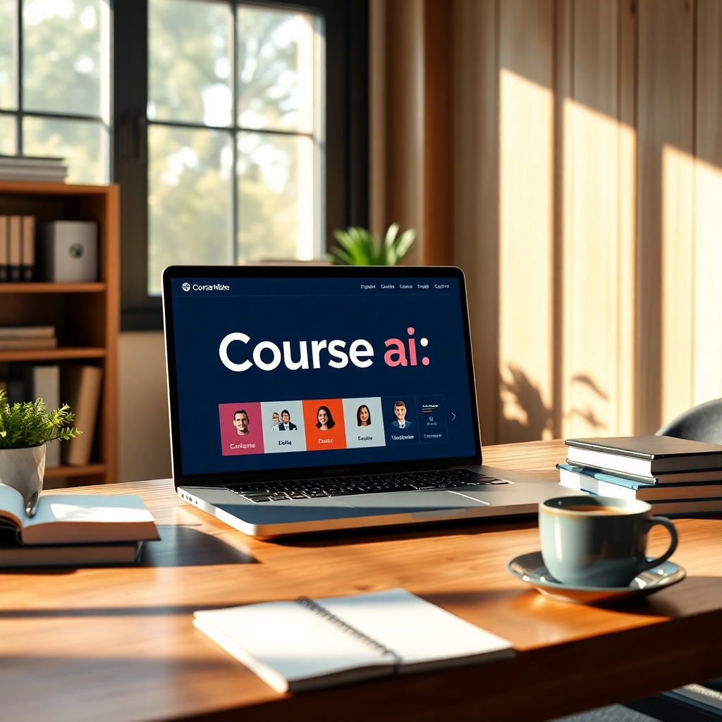 Create a photorealistic, ultra-high quality header image for the Course Mate AI Platform. The image should feature a modern, sleek workspace showing a laptop displaying the Course Mate AI interface. Soft, natural light filters through a window, casting gentle shadows. The color palette involves warm tones of wood and subtle greens, ensuring a professional yet inviting look. Include elements like books, notepads, and a cup of coffee to reflect an academic atmosphere. The camera angle should be slightly above eye level, focusing on the laptop and its screen. The textures should be smooth with intricate details on the laptop and a cozy background. Style reference: contemporary office. Technical specs: 8K resolution, hyperrealistic.