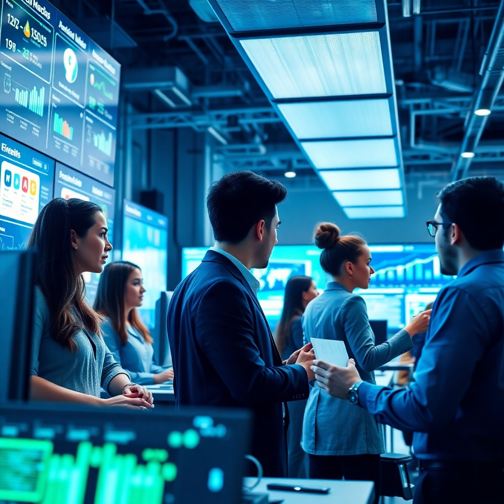 Create a photorealistic, ultra-high quality header image showcasing a dynamic workspace filled with advanced technology and social media elements. In the foreground, a diverse group of professionals collaborate, analyzing data on high-resolution screens displaying various social media platforms. The lighting should be bright and inspiring, with a cool color palette of blues and greens, conveying a tech-savvy environment. Capture the scene from a slightly elevated angle to emphasize teamwork and innovation, with texture details highlighting the modern design of the workspace. Aim for an image that feels both inviting and cutting-edge, encapsulating the essence of 'AI Social Media Automation-The Ultimate Shortcut to Social Media Domination'. Technical specs: 8K resolution, hyperrealistic.