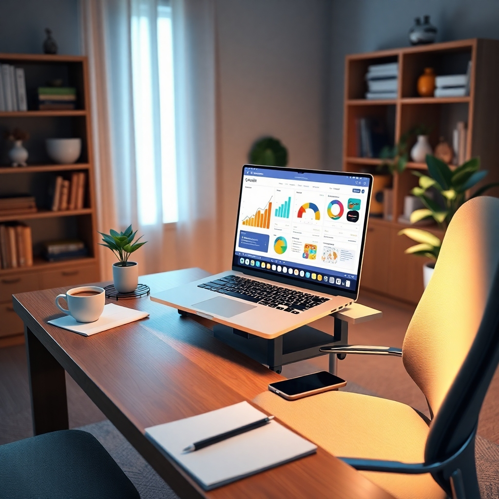 Create a photorealistic, ultra-high-quality header image that visually represents the concept of rapidly generating professional video courses. The composition should center on a sleek, modern workstation, featuring a laptop with an open screen displaying an intuitive course creation interface, colorful charts, and engaging visuals. Soft, ambient lighting should fill the space, creating a warm and inviting atmosphere. The color palette should include calming blues and greens accentuated with vibrant yellows, evoking a sense of clarity and creativity. Capture the scene from a slightly elevated angle to highlight the screen and workspace effectively. Textures should include a smooth wooden desk, a metallic laptop, and soft-cushioned office chair materials. Add environmental elements like a bookshelf filled with educational materials and a plant to convey a productive workspace. Incorporate props like a coffee cup, notepads, and a smartphone for added context. Use a hyperrealistic style that captures every detail and aim for an 8K resolution to ensure maximum quality., ultra high resolution, photorealistic, 8K, hyperdetailed, cinematic lighting