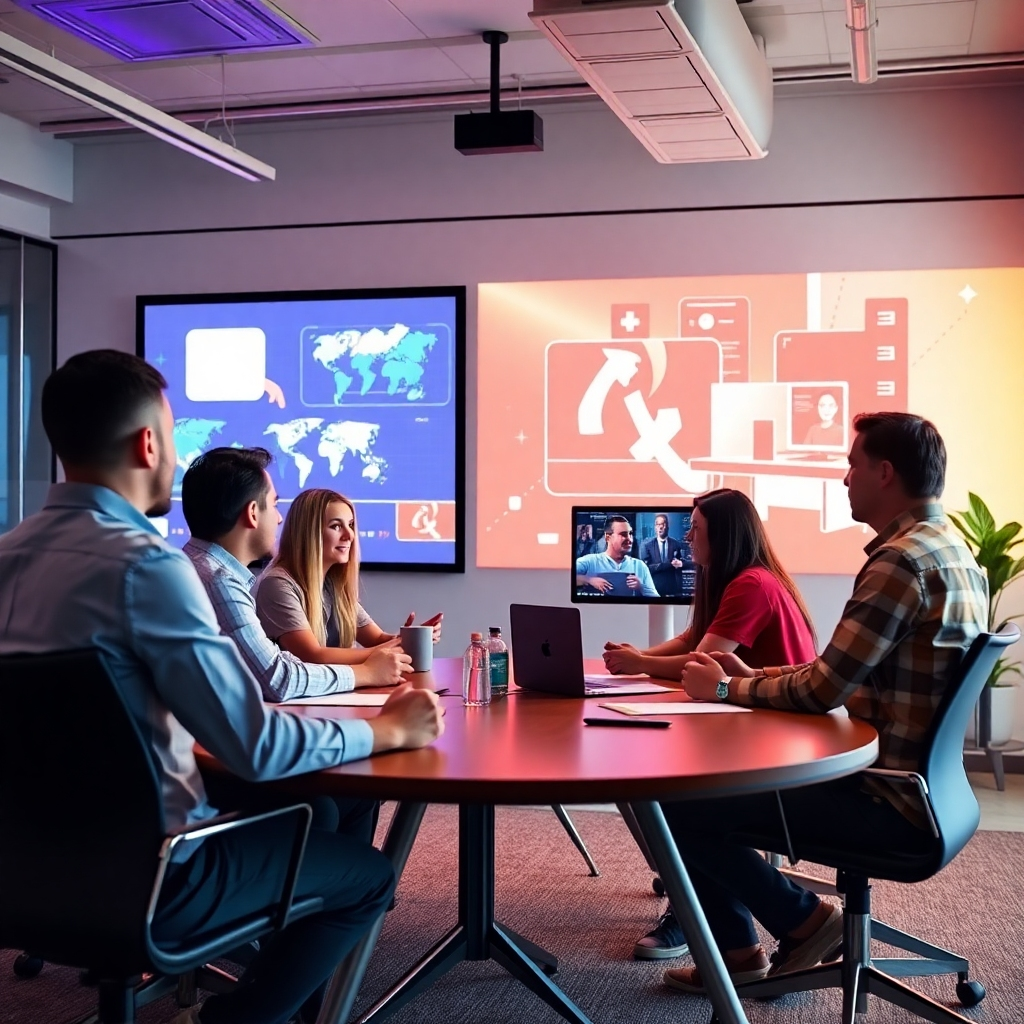 Create a professional image showcasing a brand development meeting where team members brainstorm using video concepts. The workspace should exhibit modern design aesthetics with dynamic graphics projected in the background. A bright and motivational color palette combined with soft ambient lighting enhances collaborative creativity. High-quality textures will create a sense of professionalism and innovation across the image.
