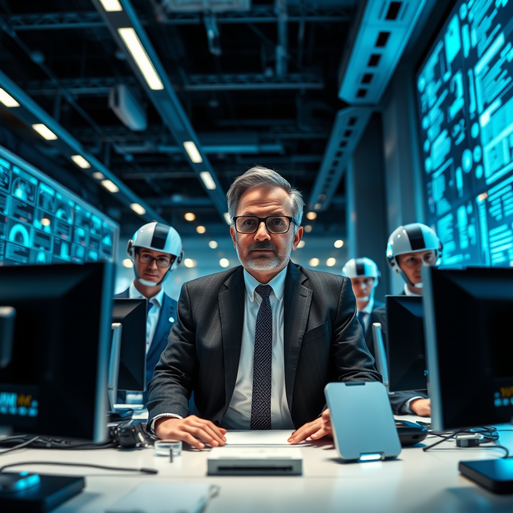 Create a representation of a business leader overseeing a bustling environment where AI clones handle various tasks. Use a high-tech office environment with sleek computer workstations and digital interfaces. Bright, focused lighting highlights the productivity of the AI clones at work. A low-angle shot captures the sense of authority and innovation, giving prominence to the team of AI clones in a visually striking way. The color palette should be dominated by tech blues and grays, adding to the futuristic feel. Aim for a hyper-realistic look.