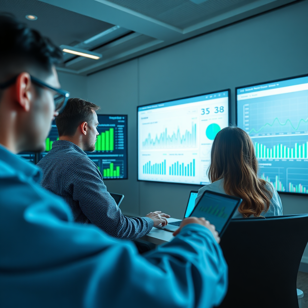 Create a setting that features professionals analyzing data charts and performance metrics on large screens. The room should be filled with dynamic visualizations and a soft-focus background. Use bright but natural lighting to enhance clarity and make the data pop, with blues and greens conveying trust and insight. The textures should highlight digital interfaces and illustrative graphics. Capture from an engaging angle that emphasizes focus and collaboration, ensuring photorealistic quality.