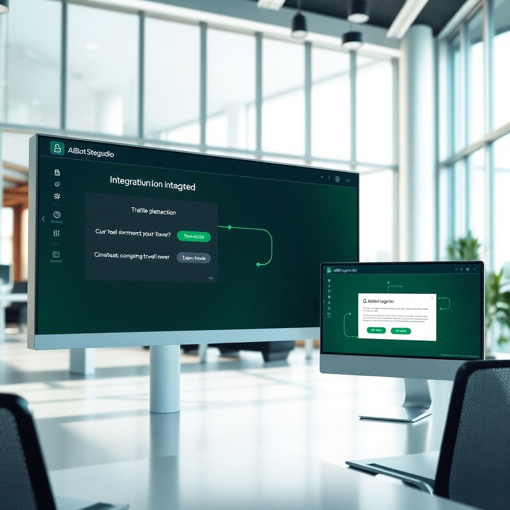 Create a sleek, photorealistic image illustrating the seamless integration of AIBot Studio into various business platforms. The scene should depict screens displaying the integration process, with notifications of successful connections. The environment should have a contemporary feel, enhanced by natural light from large windows. Use a color palette of greens and blacks to express sophistication and reliability, showcasing texture in materials such as glass and metal. This image should convey ease and efficiency.