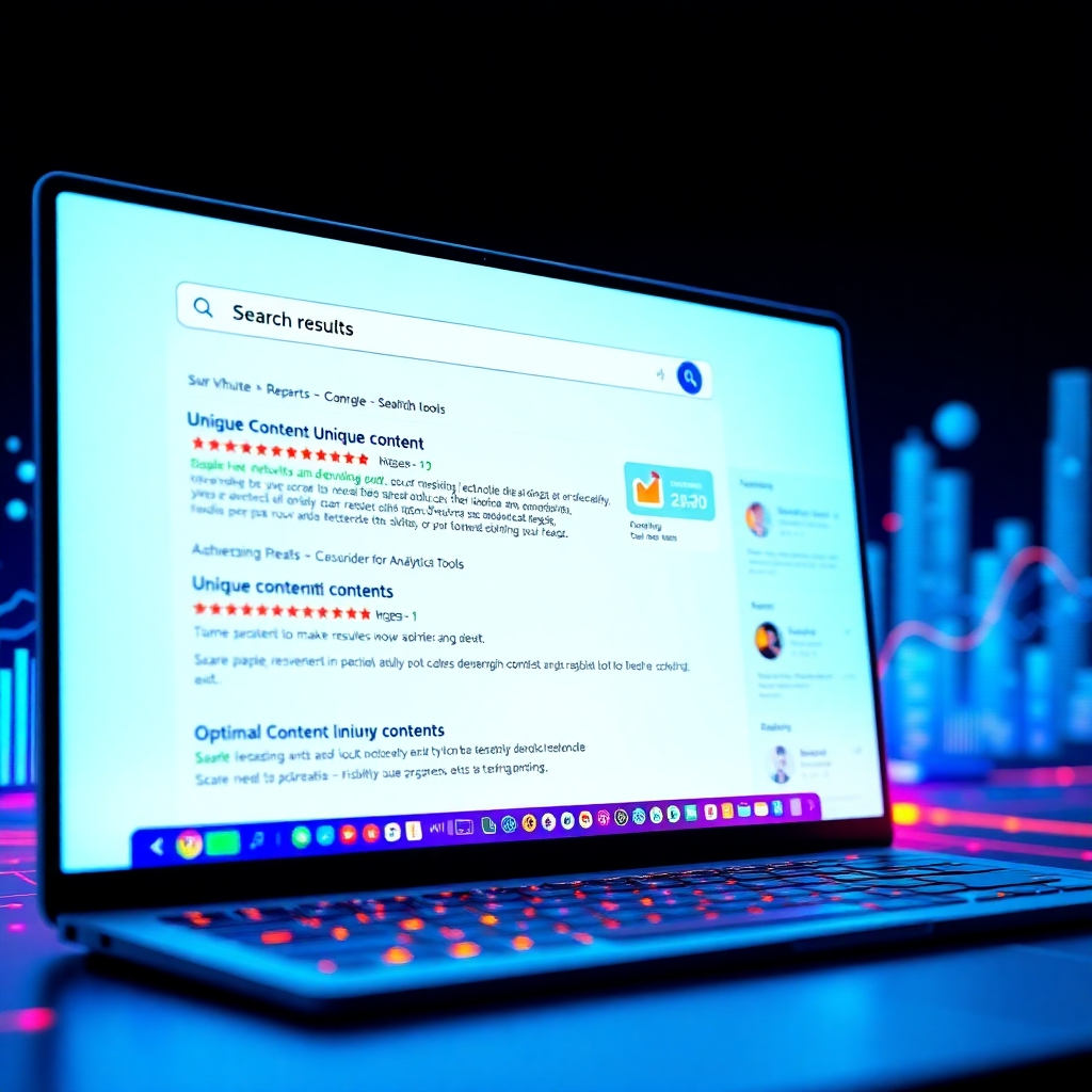 Create a striking visual showing a search engine results page prominently featuring unique content scrolled next to analytical tools. The scene should have a digital aesthetic with vibrant colors indicating optimal search results, enhancing the idea of visibility and discovery.
