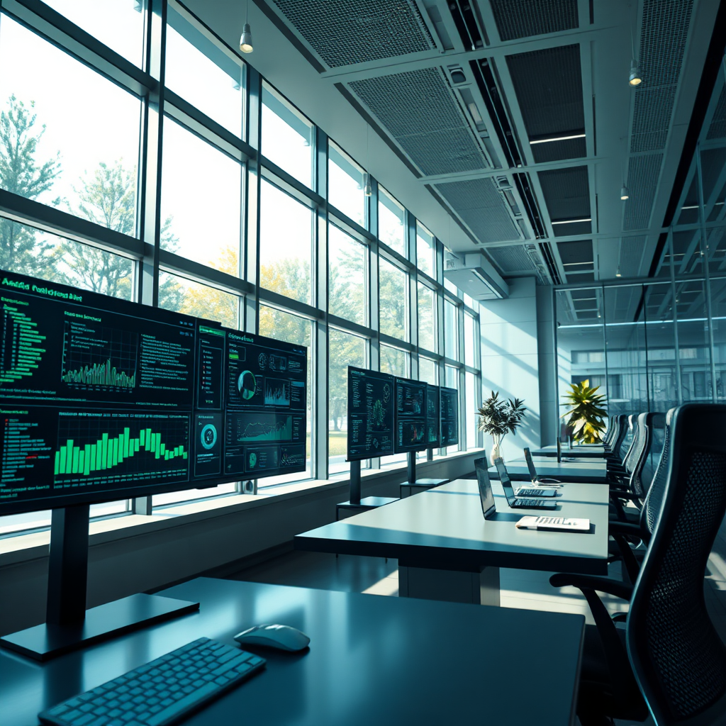 Create a stunning, photorealistic header image representing 'UgenticIQ software'. The composition features a modern office environment with AI integrations visible, such as screens displaying coding elements and dashboards. Optimize natural light filtering through large windows, enhancing the sleek, high-tech interior. Utilize a color palette focused on cool blues and greens, symbolizing innovation and tranquility. Capture the scene from a slightly elevated angle to showcase depth. Textured surfaces of glass and metal should reflect a hyperrealistic finish. Aim for an 8K resolution to highlight intricate details.