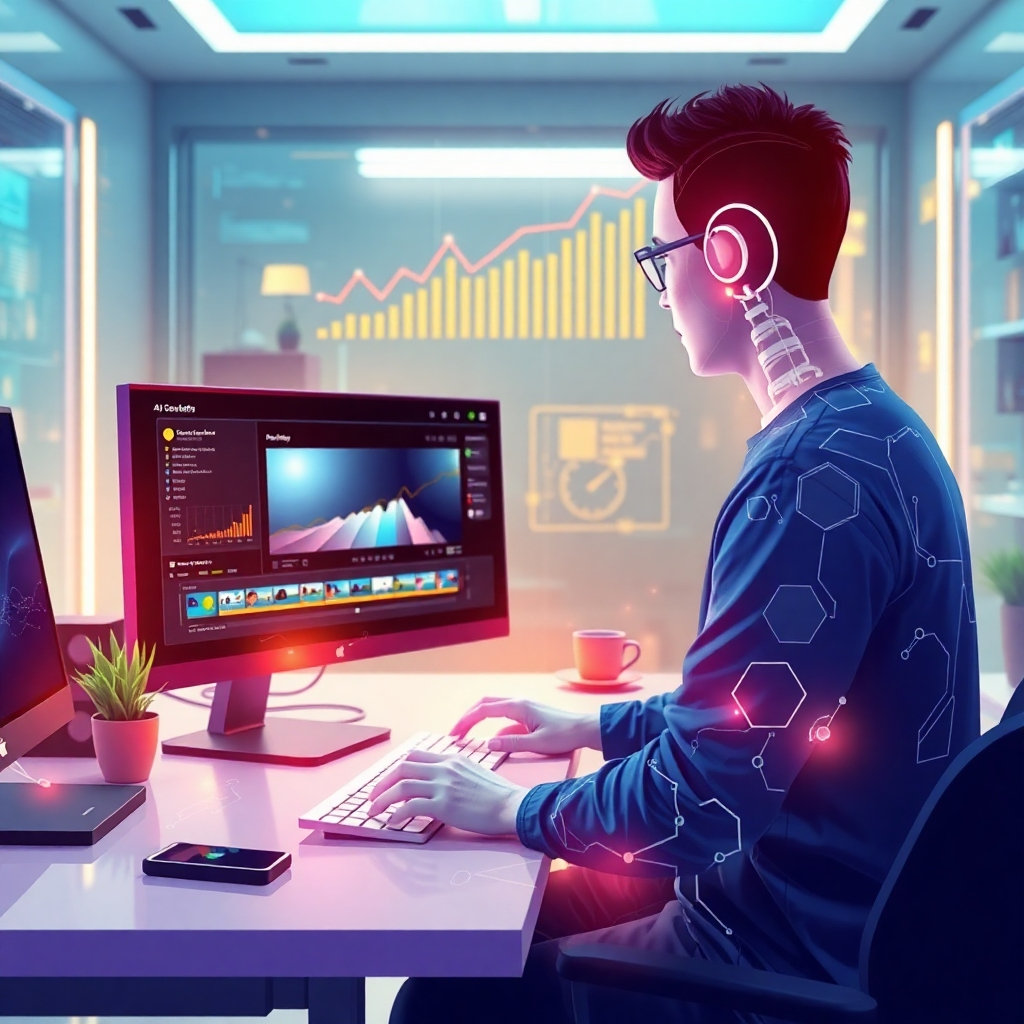 Create a stylized image illustrating the advantages of AI in video production. The image should depict a futuristic workspace where a person uses an AI tool for video editing. Bright colors and digital overlays should signify technological innovation, with visual elements like graphs and charts depicting growth. The environment should feel cutting-edge and energetic. The image should try to encapsulate the harmony of human creativity and AI technology, ensuring it resonates with the topic's theme.