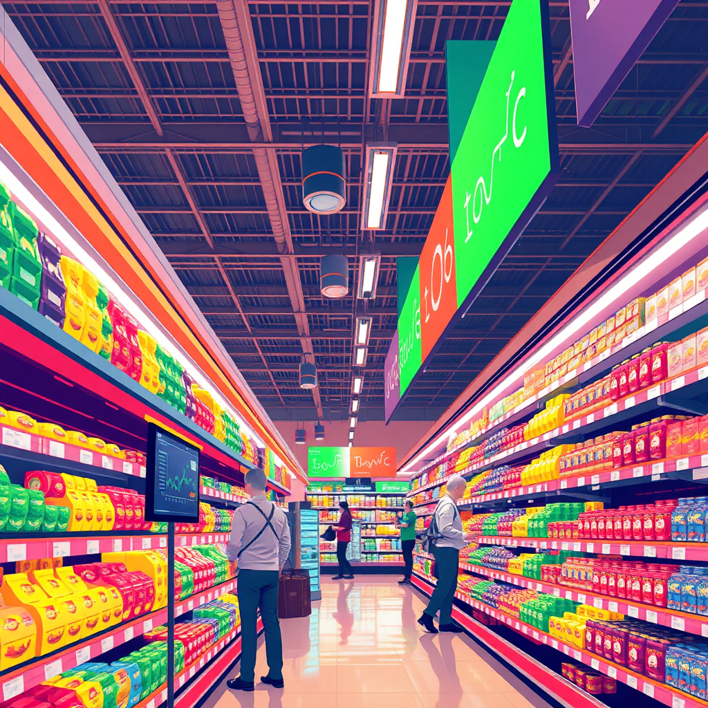 Create a stylized image showcasing an AI system optimizing inventory management in a local grocery store. The setting should be vibrant and well-lit, highlighting aisle displays. The color palette should be a mix of bright and inviting tones. Include elements like digital screens with analytics. An angled perspective reveals activity in the store, giving a sense of efficiency. Aim for a high-quality, illustrative look at 4K resolution.