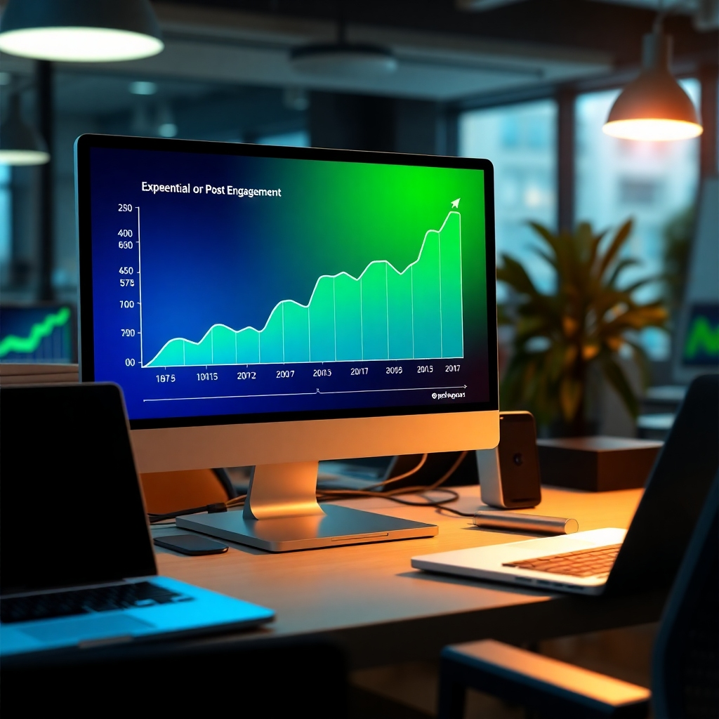 Create a stylized, photorealistic image showing a vivid graph on a digital screen that illustrates exponential growth in post engagement. The scene should be set in a modern workspace with soft light illuminating the graph, creating an inviting atmosphere. Include props like laptops and digital devices. The color palette should be fresh with greens and blues to symbolize growth. The perspective should focus on the screen while subtly showcasing the surrounding environment. High-quality resolution suggested for immersive detail.