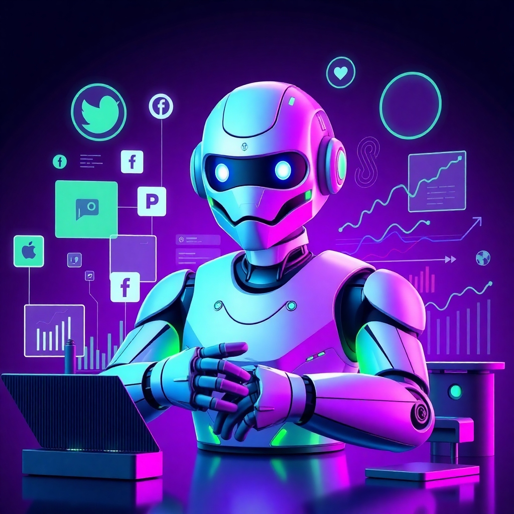 Create a stylized, upscale image showcasing an AI chatbot as the central focus, surrounded by marketing elements like social media icons and analytics charts. The setting is sleek and modern, with a futuristic feel, using contrasting colors like dark purple and neon green for effect. Sharp angles and sleek lines in the composition enhance the technology theme. The details should be hyperrealistic, representing the future landscape of marketing.