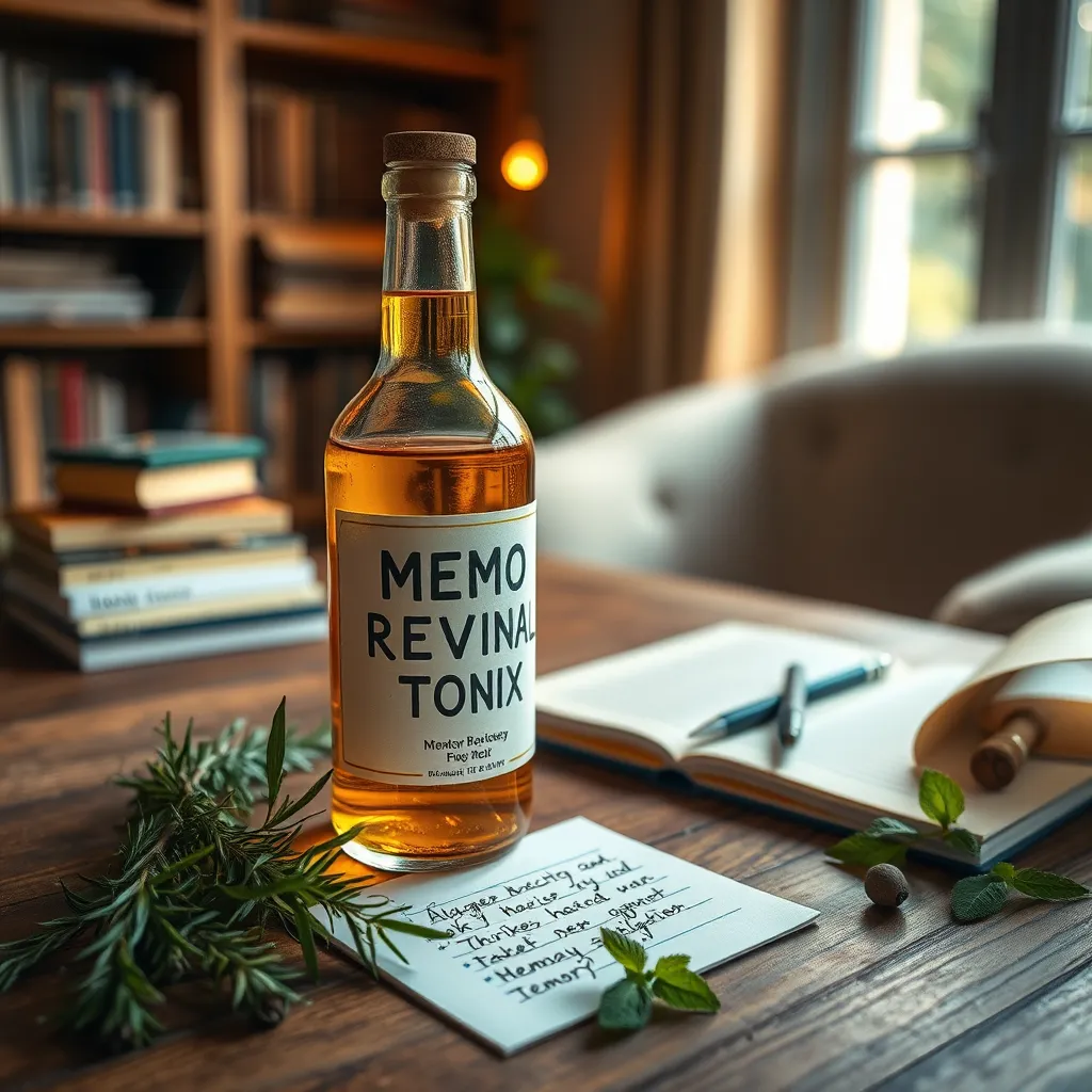 Create a vibrant, close-up shot of a glass bottle labeled 'Memory Revival Tonic' placed on a wooden table. The tonic inside should be a bright, visible amber color. The setting is softly illuminated by warm, diffused lighting from a nearby window, enhancing the inviting atmosphere. Surround the bottle with fresh herbs like rosemary and mint, suggesting a natural origin. Include a notepad with handwritten notes, symbolizing memory enhancement, and a cozy backdrop with books and a comfortable chair, embodying a tranquil study space. Use an ultra-detailed photography style, in 8K resolution, emphasizing textures like the glass surface of the bottle and the wooden texture of the table, creating a serene and rejuvenating mood.