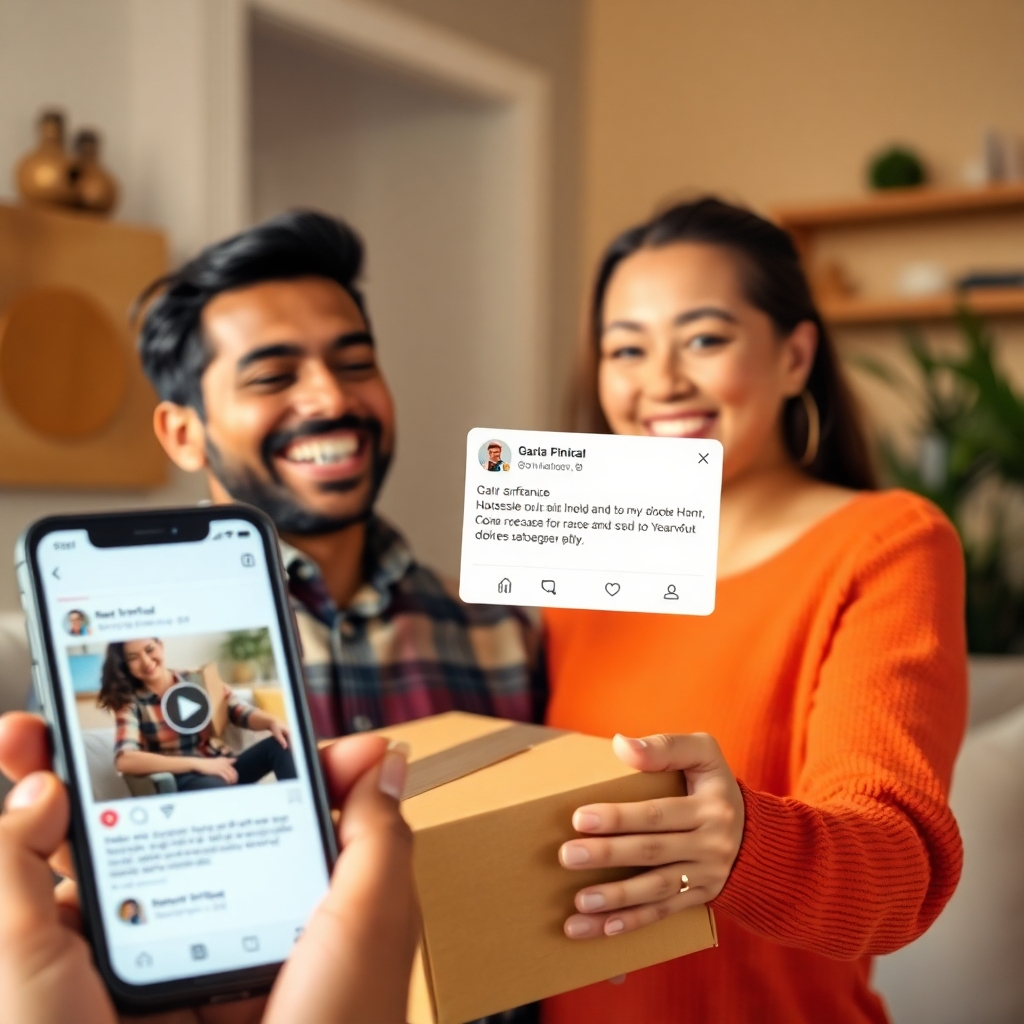Create a vibrant image of a happy customer receiving a package at home, with a visible social media notification on a phone screen in the foreground. The scene should be well-lit to evoke a sense of satisfaction and happiness, with warm colors like orange and yellow to represent positivity. Use an angle showing both the customer and the smartphone screen clearly, ensuring high-quality texture details. Target for a photorealistic finish.
