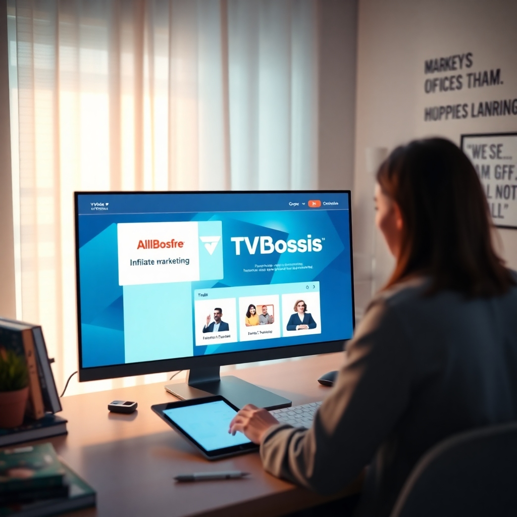 Create a vibrant image showcasing a user-friendly interface on a sleek computer screen displaying the TVBossFire platform. In the background, a person is engaged and smiling while interacting with the platform, surrounded by soft diffused lighting that gives a warm, inviting atmosphere. The color palette should blend soft blues and whites to evoke a sense of calm and creativity. Capture the perspective from a slight overhead angle, emphasizing the screen's details. Surround this scene with elements of tech and digital marketing, such as a digital tablet, books on affiliate marketing, and motivational quotes on a wall. Style reference: ‘in the style of modern tech promotional imagery’. Ensure the image is hyperrealistic, with ultra-detailed textures, 8K resolution.