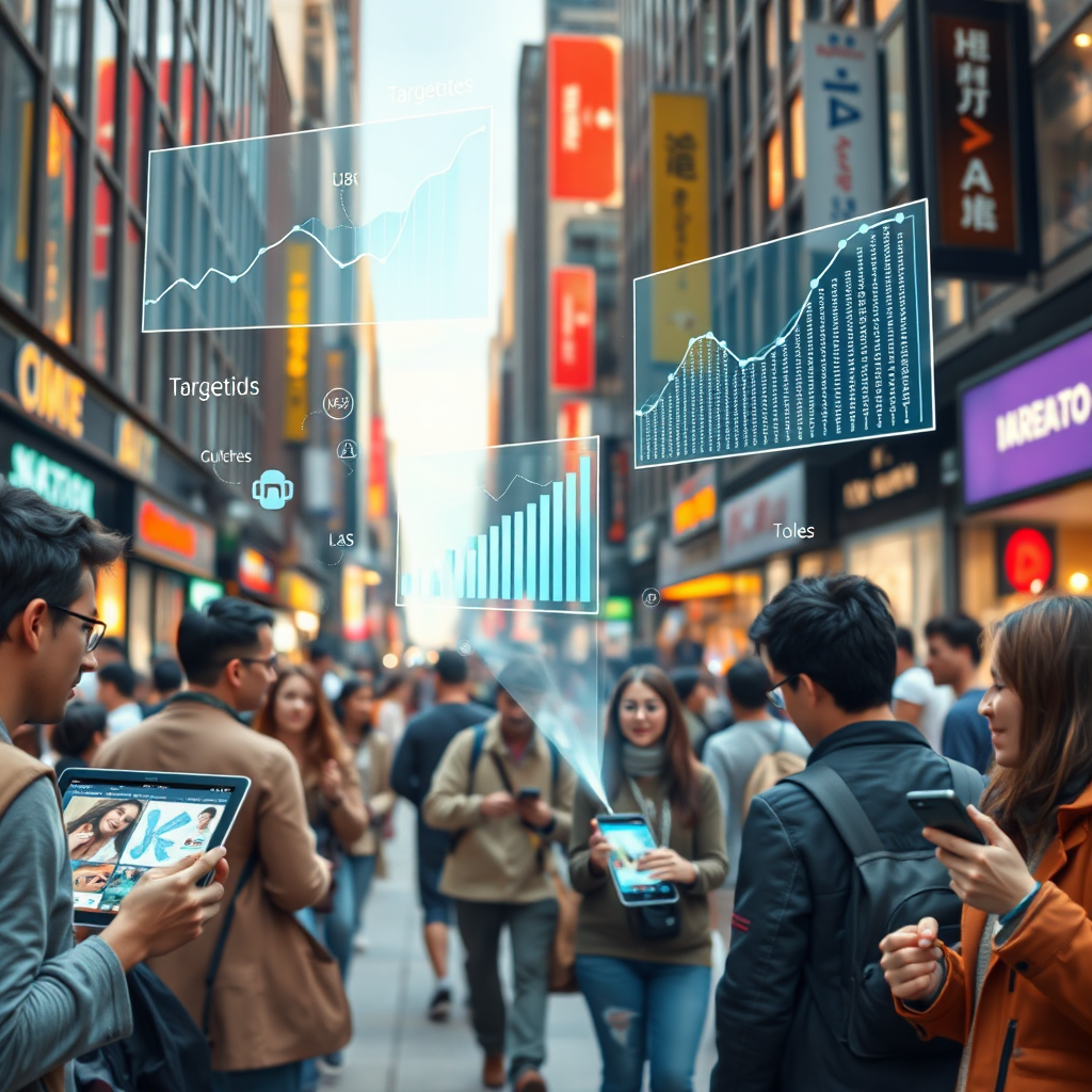 Create a vibrant, urban environment where diverse individuals interact with smart devices. The scene includes graphs and data visualizations projected in the air, symbolizing targeted marketing analytics. The lighting is dynamic, suggesting action and rapid response. The camera angle should provide a broad view of the busy street with high realism to engage viewers. Props may include tablets displaying targeted ads, merging technology with local outreach. The final image should be photorealistic with intricate details.