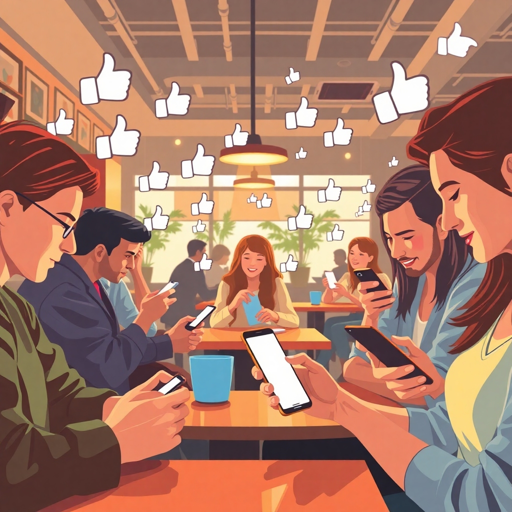 Create a visual representation showing users engaging with social media posts powered by AI recommendations. The scene should present an artistic blend of people using their devices in a variety of settings, such as cafes and offices, with notifications and likes floating around them. Utilize a warm color palette with inviting lighting to create an energetic atmosphere. The focus should be on connection and interaction, captured from a candid, wide-angle perspective. Aim for stylized realism to evoke the lively nature of social media engagement.