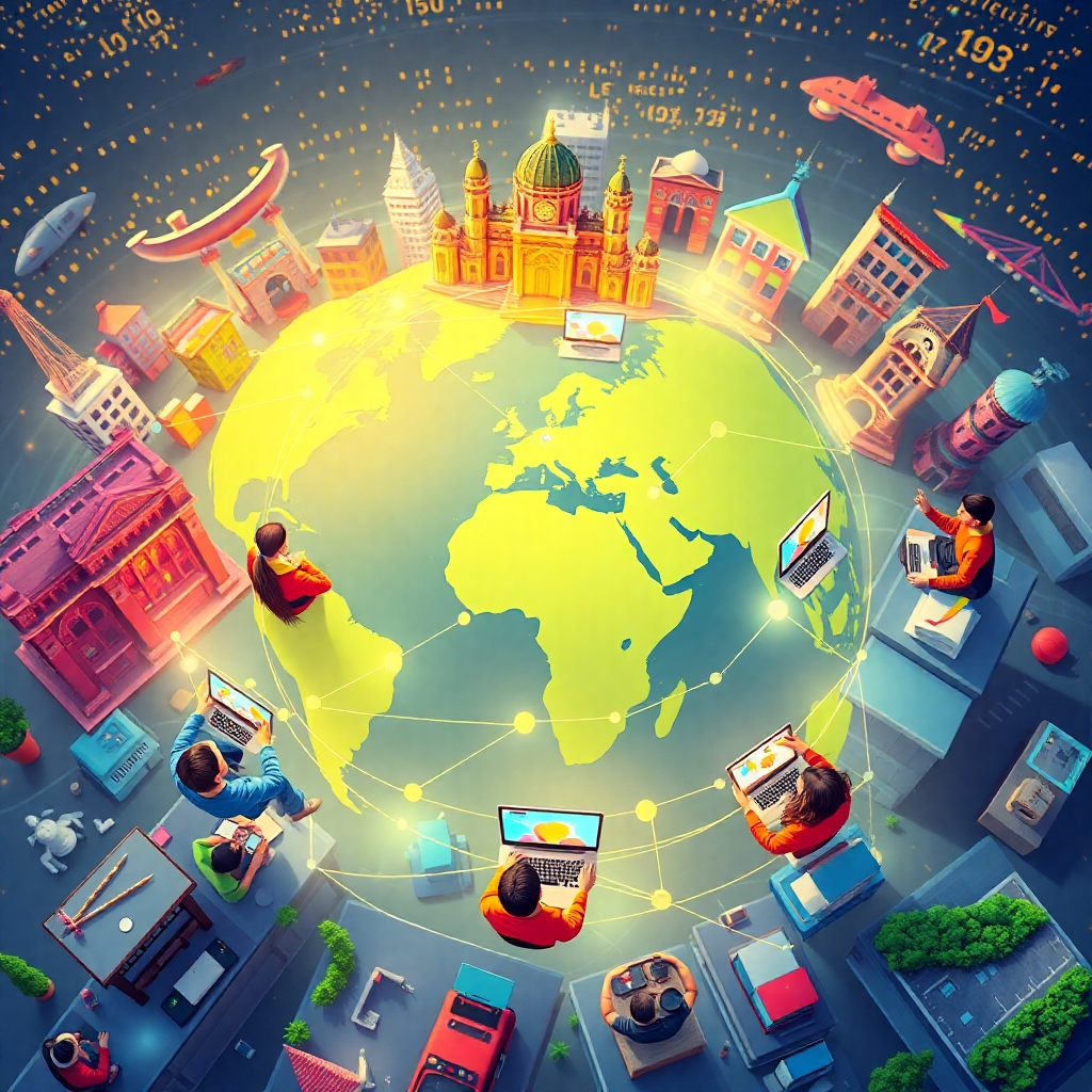 Create a visual representing interconnected students globally through a digital network. Show diverse learners interacting online from various locations, with a backdrop of world landmarks. The atmosphere should be vibrant and collaborative, with bright colors representing unity and connectivity. A bird's eye view perspective could effectively capture the global network's scope and diversity. High-quality, 150-200 words.