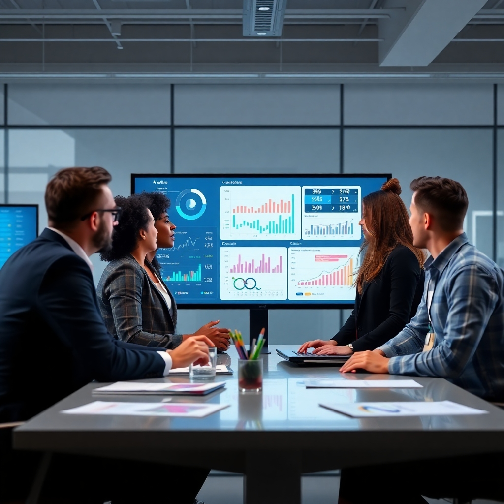 Create a visually engaging image depicting a diverse group of analysts reviewing data on large touchscreen displays in a modern office. The lighting should be bright and focused on the screens, with dark office elements creating contrast. Highlight various charts and graphs emerging from the screens to signify the data-driven approach of AutoBuzz AI. Use a clean, high-resolution design.