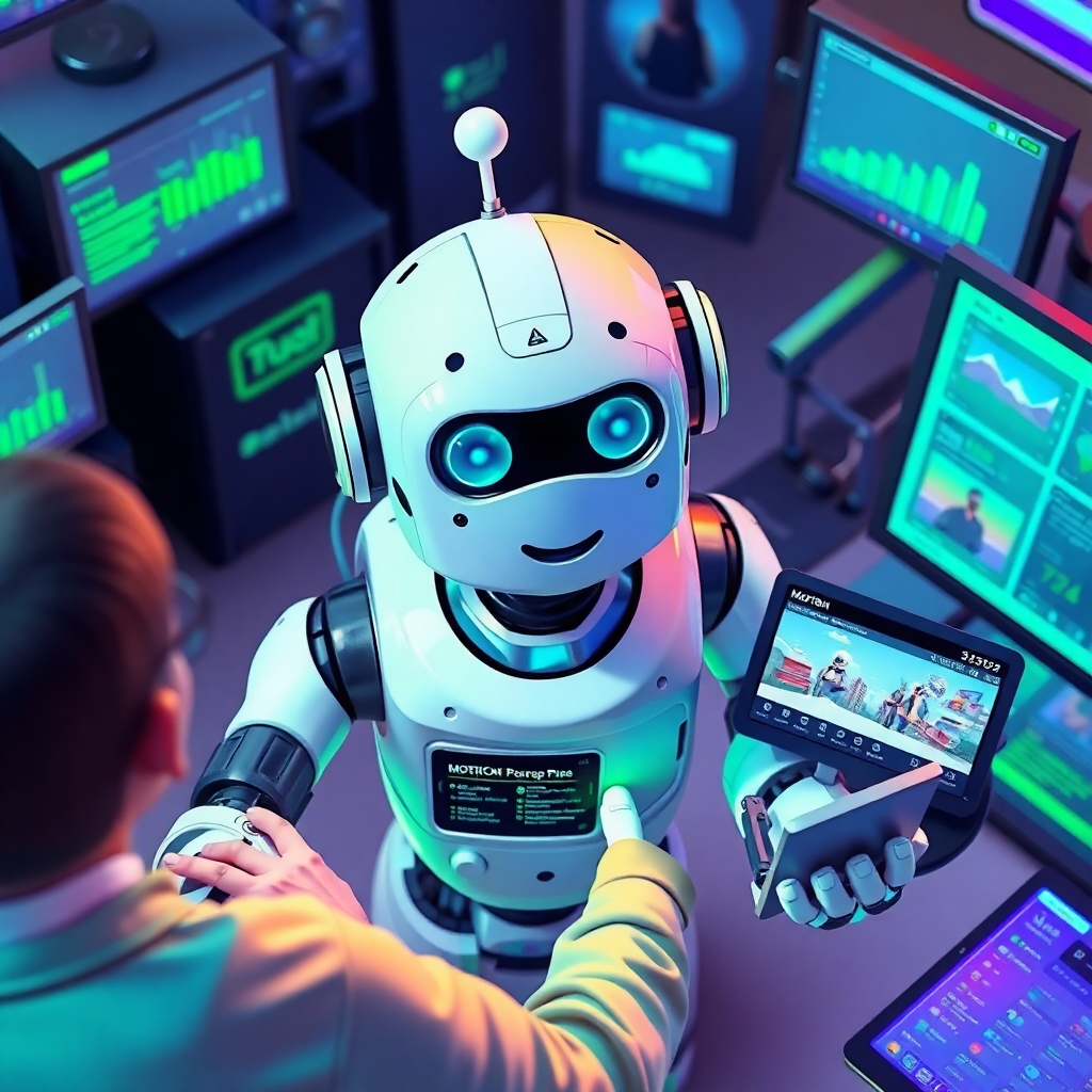 Create an energetic and vibrant scene showing an AI robot assisting a content creator. This robot should be depicted with friendly features, operating various digital devices and screens showing statistics and video tools. The color palette should incorporate bright greens and blues for a lively atmosphere. Capture an overhead view to showcase the dynamic interaction at play.