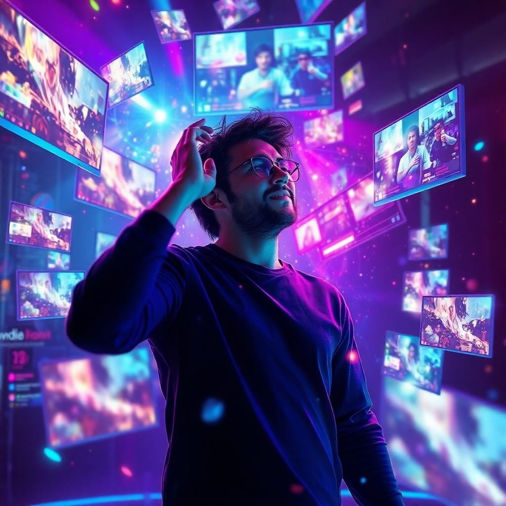 Create an engaging image depicting a creator surrounded by a whirlwind of their video ideas coming to life as holographic images. Use dynamic lighting that highlights the vibrancy of the visuals, blending various colors to represent different genres of video. The environment should feel futuristic, with floating screens displaying various media content. The image should represent the boundless possibilities facilitated by MovieReelAI in a captivating manner.