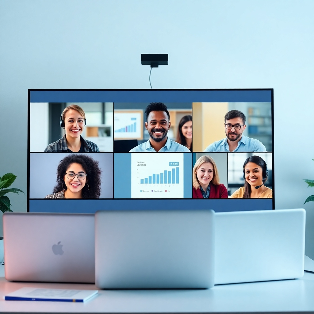 Create an engaging image encapsulating a virtual meeting among a diverse group of entrepreneurs. The screen displays cheerful faces with shared digital content in the background, such as graphs and success stories. The lighting should be bright and optimistic, using a cool-toned color palette to convey a digital connection. Include elements like laptops, headsets, and charts to reflect a successful online engagement.