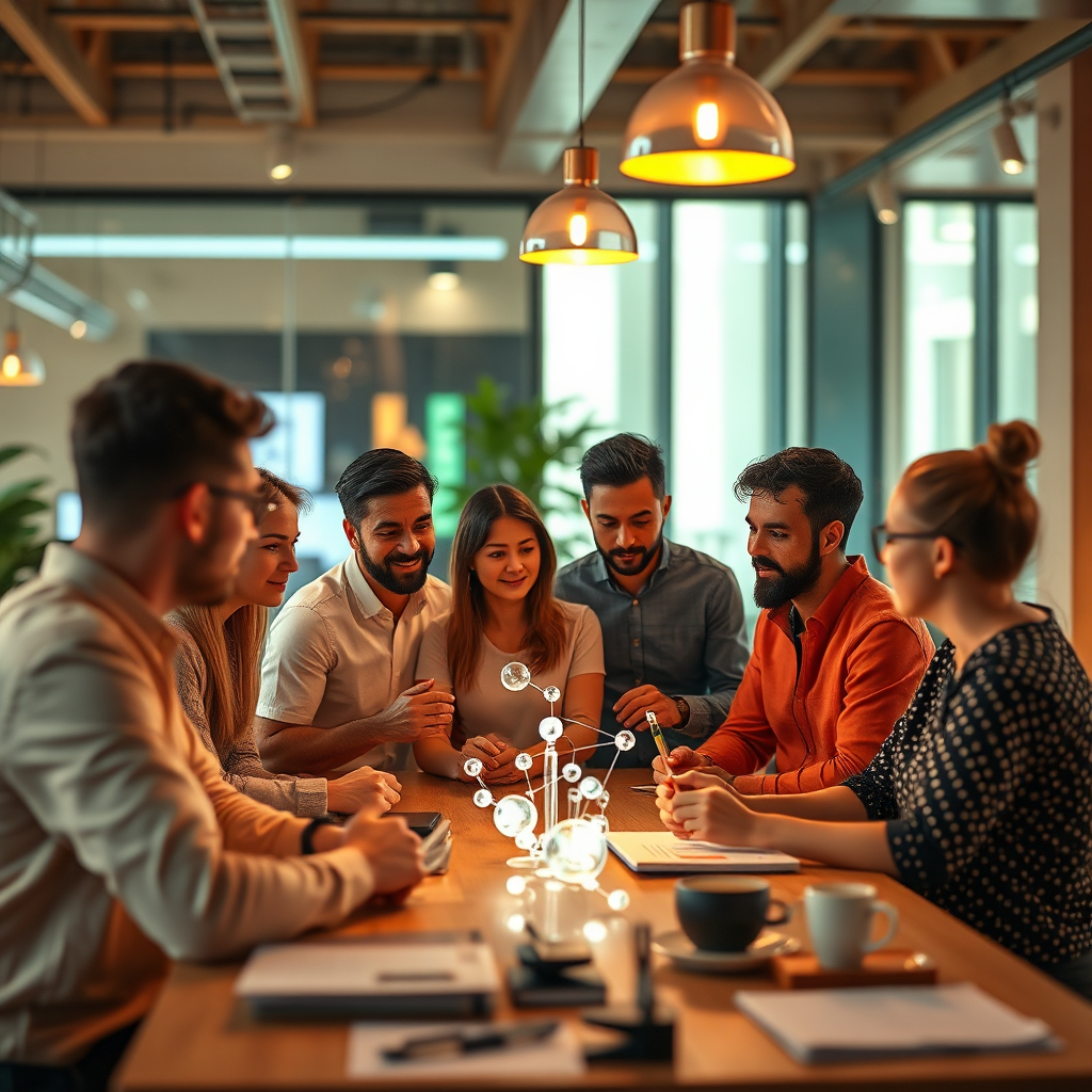 Create an engaging image of a group of local entrepreneurs brainstorming innovative ideas with AI technology. The setting should be vibrant and bustling with creativity. Soft ambient lighting with a color palette of warm oranges and greens enhances inspiration. The perspective showcases the group interacting with AI tools. Capture this energetic scene in high-quality 4K resolution.