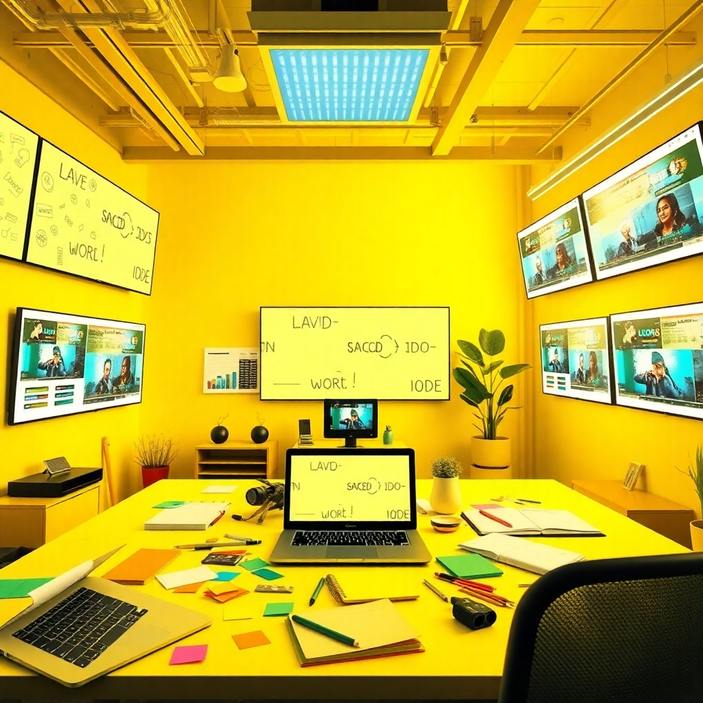 Create an engaging image that symbolizes 'Unlock the Digital Goldmine: MovieReelAI Transforms Simple Prompts into Cash!'. The scene should showcase a vibrant workspace filled with digital screens displaying ideas and video clips. The lighting should be bright and inspiring, with a color palette of energetic yellows and greens. Use a front-angle shot to capture the essence of creativity at work. Include elements like laptops, sketchbooks, and colorful notes scattered around, suggesting a busy but organized environment. Style references might include a modern office vibe. Technical specs should be at 4K resolution, high quality.