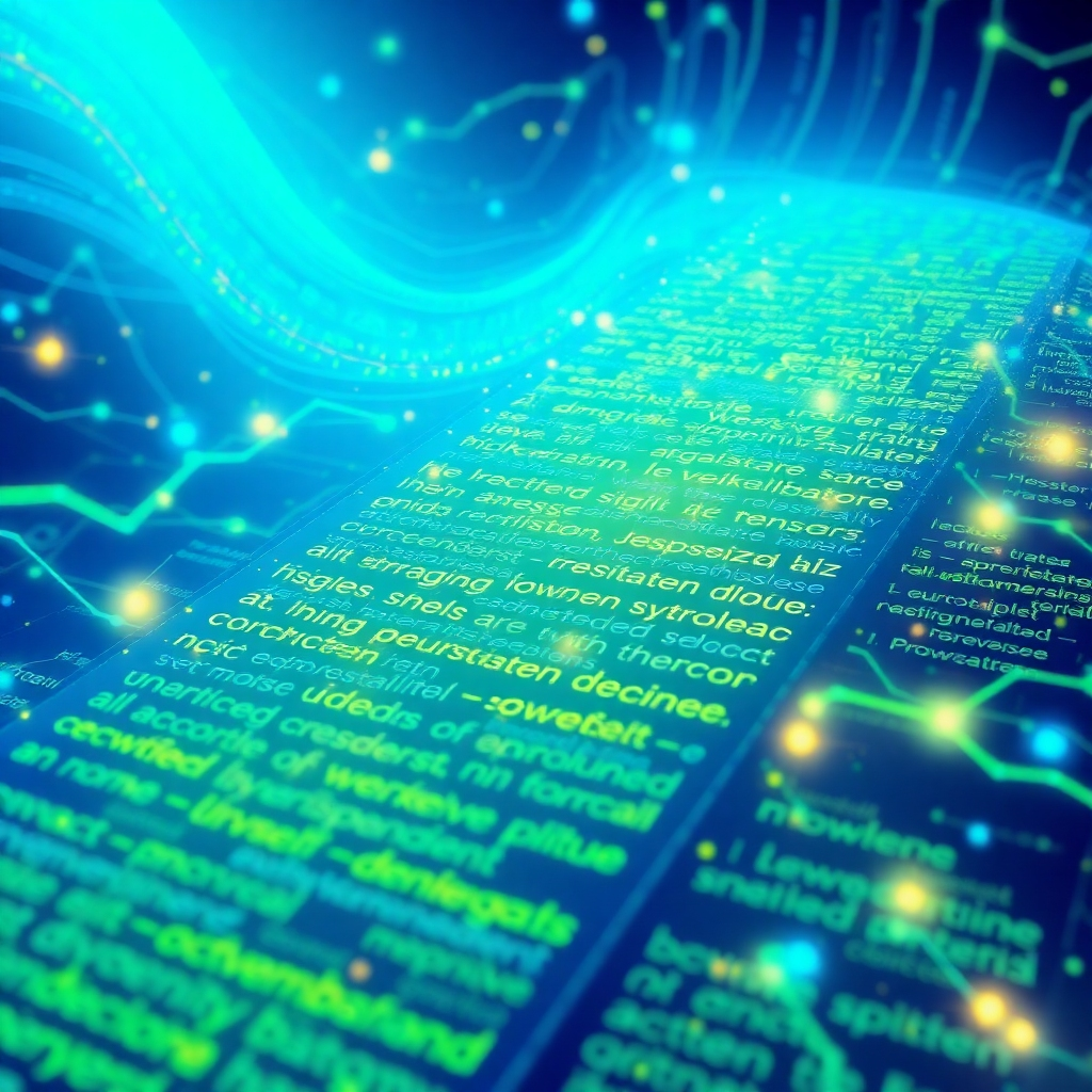 Create an illustrative image representing AI content generation. Show a digital environment where a flowing stream of text emerges from a powerful AI core, with keywords highlighted throughout. Vibrant blues and greens should dominate the color scheme, signifying innovation and knowledge. The atmosphere should evoke a sense of productivity, with visual elements that suggest an interactive AI interface. This scene should inspire trust in technology’s ability to optimize content, depicted in high quality.