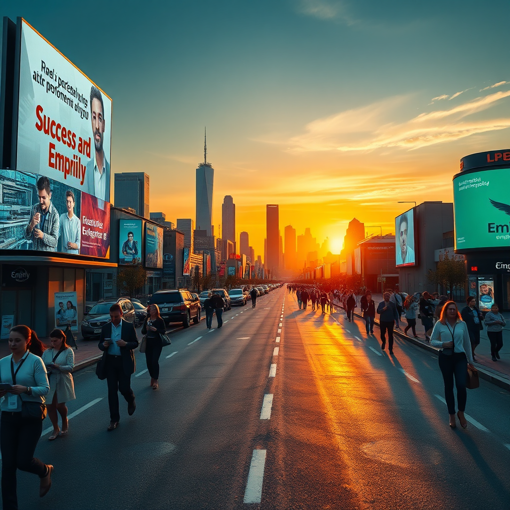 Create an image depicting a wide avenue leading towards a skyline filled with digital advertisements highlighting success and performance with Empirely. Include elements like a busy crowd of professionals engaged in digital devices along the path. Add soft, inspiring lighting conditions with a warm sunset backdrop, creating a welcoming and motivational atmosphere. The camera angle should be at street level to enhance the sense of journey and progression. This final image should be photorealistic and invite viewers to envision their success.