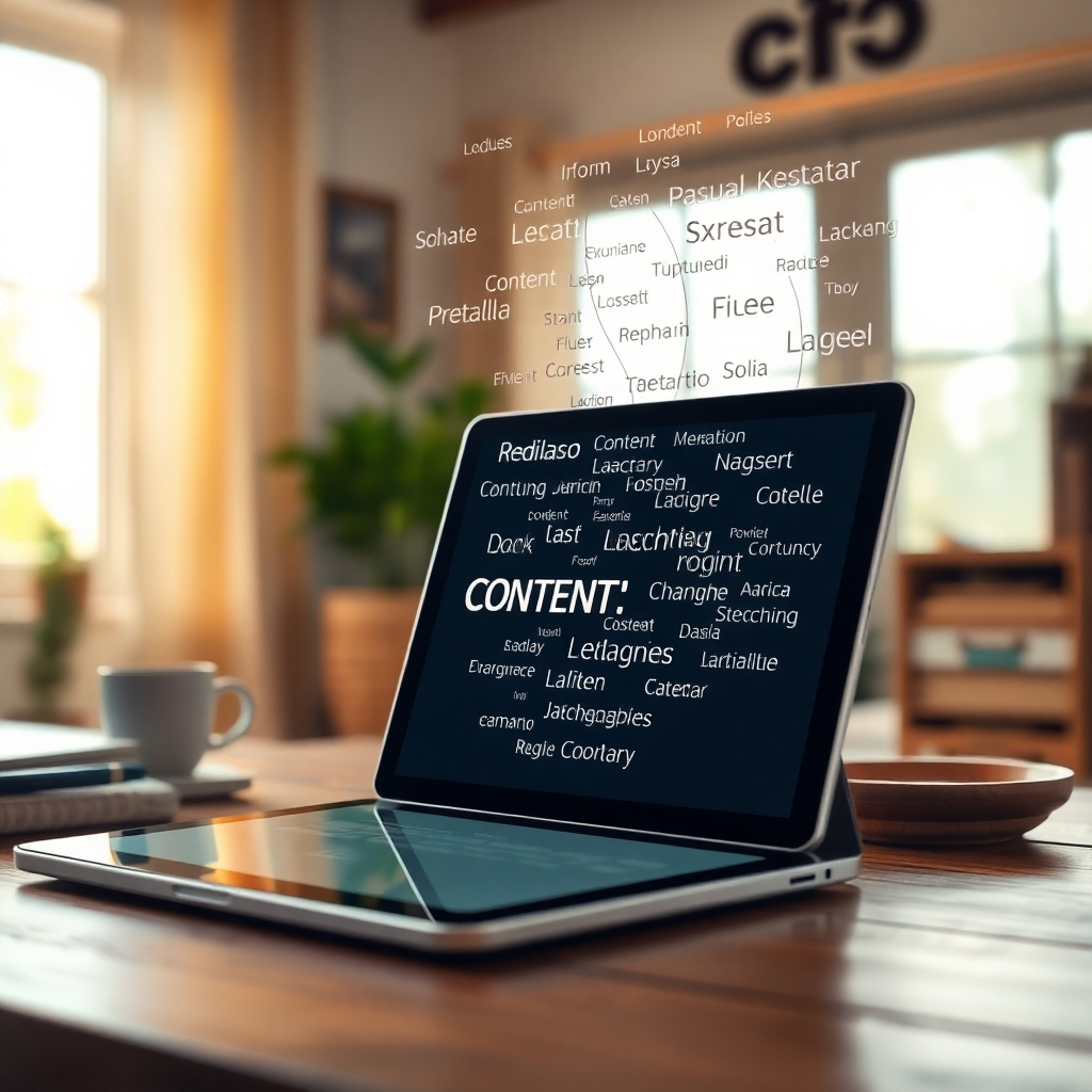 Create an image depicting an AI interface on a sleek tablet, pouring out content ideas like a stream, with words in various languages floating in the air. The background should be a cozy workspace, with soft, natural lighting illuminating the scene. Add textures to convey warmth and approachability, using a color palette of earth tones. Capture a close-up of the tablet, showing the high-tech design. Aim for high-quality, realistic representation.