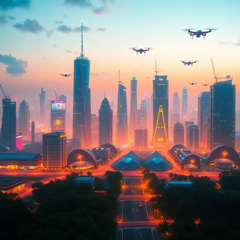 Create an image of a digital landscape with a futuristic city skyline, powered by Writix AI. The city should signify progress with high-tech buildings and drones, showcasing a bright future ahead. Use bold colors and glowing elements to evoke a sense of optimism and advancement.